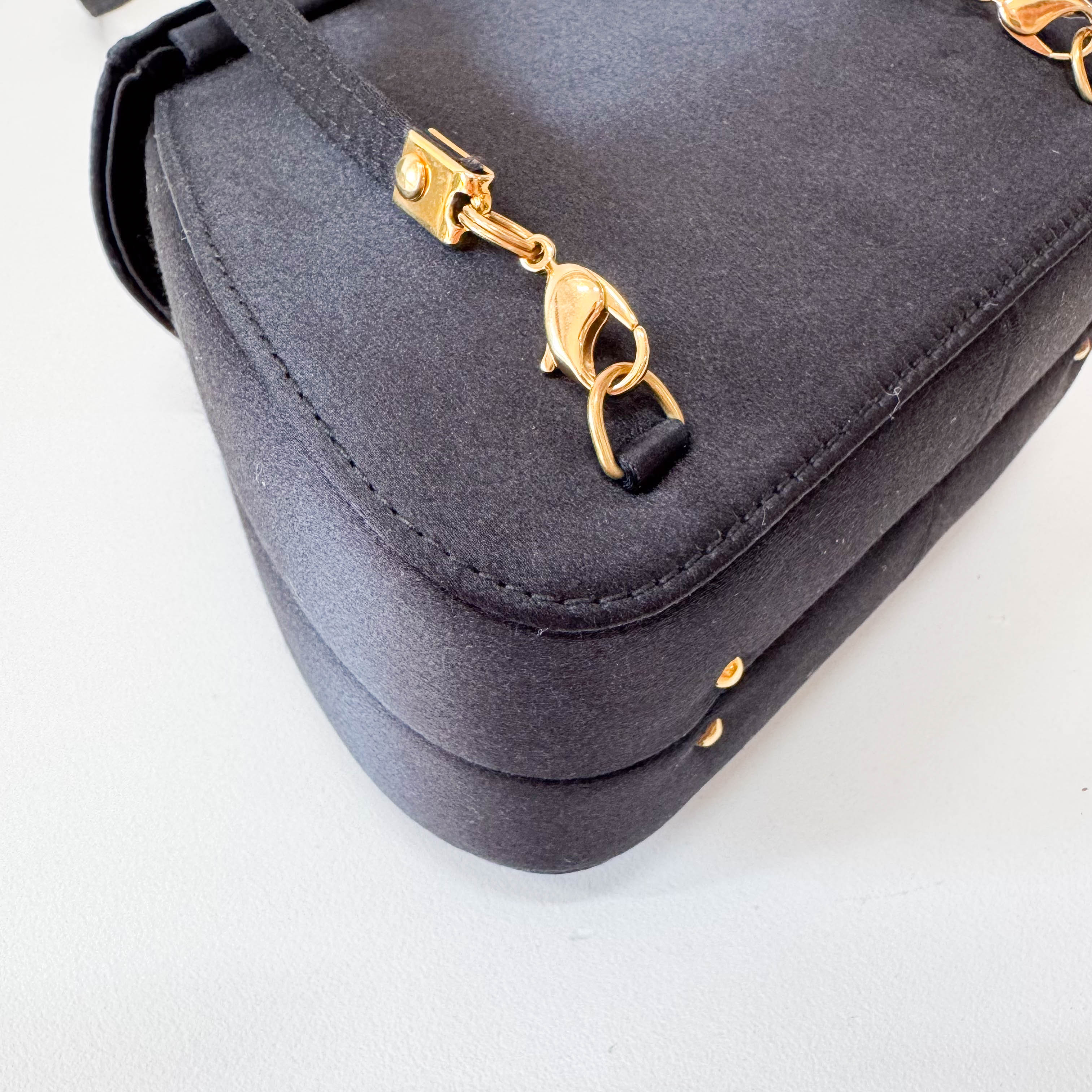 Old Gucci Black Satin Shoulder Bag Rhinestone Horsebit Hardware