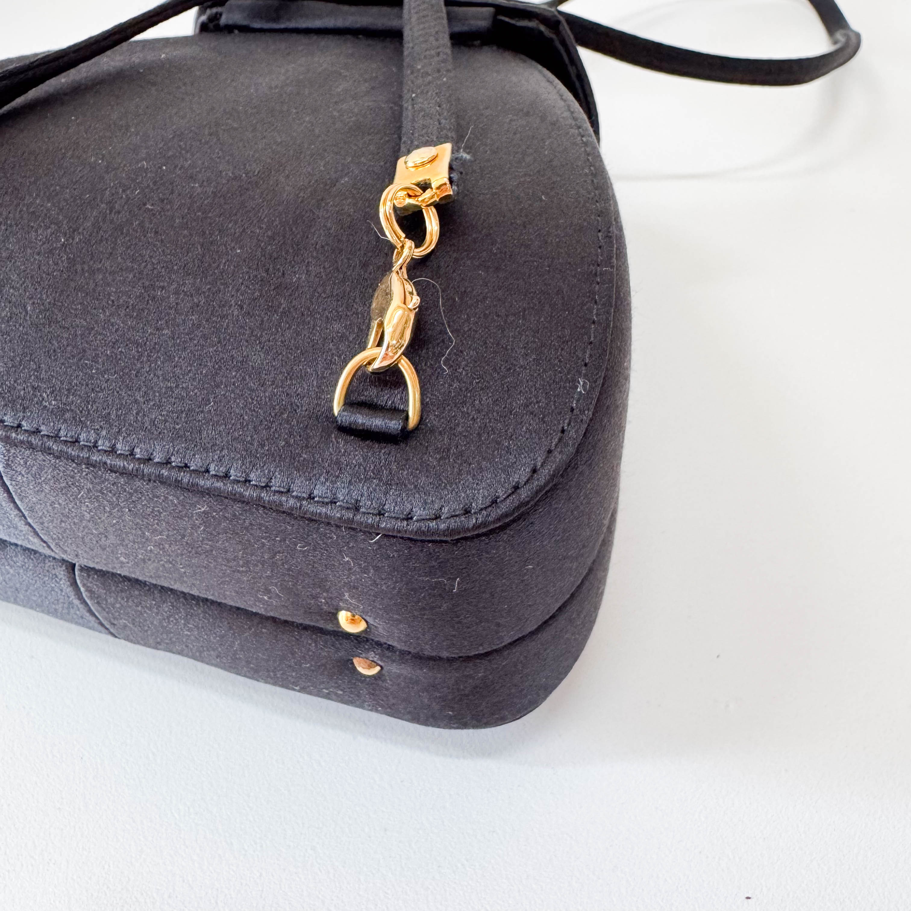 Old Gucci Black Satin Shoulder Bag Rhinestone Horsebit Hardware