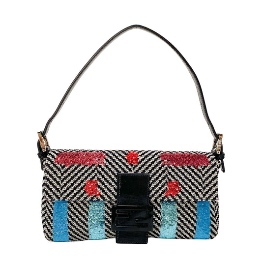 Baguette White Striped Embroidered Cotton & Sequin Shoulder Bag