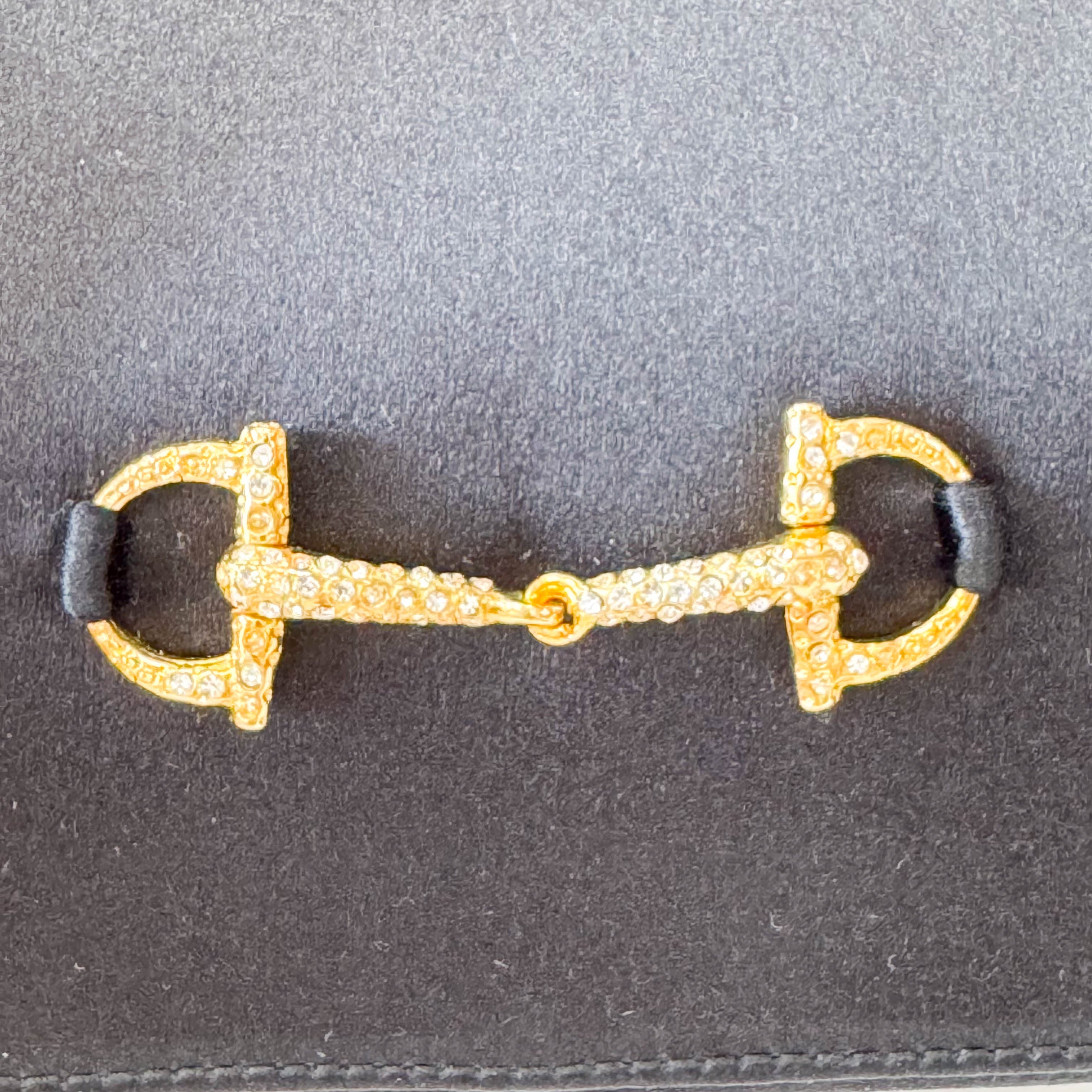 Old Gucci Black Satin Shoulder Bag Rhinestone Horsebit Hardware