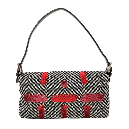 Baguette White Striped Embroidered Cotton & Sequin Shoulder Bag