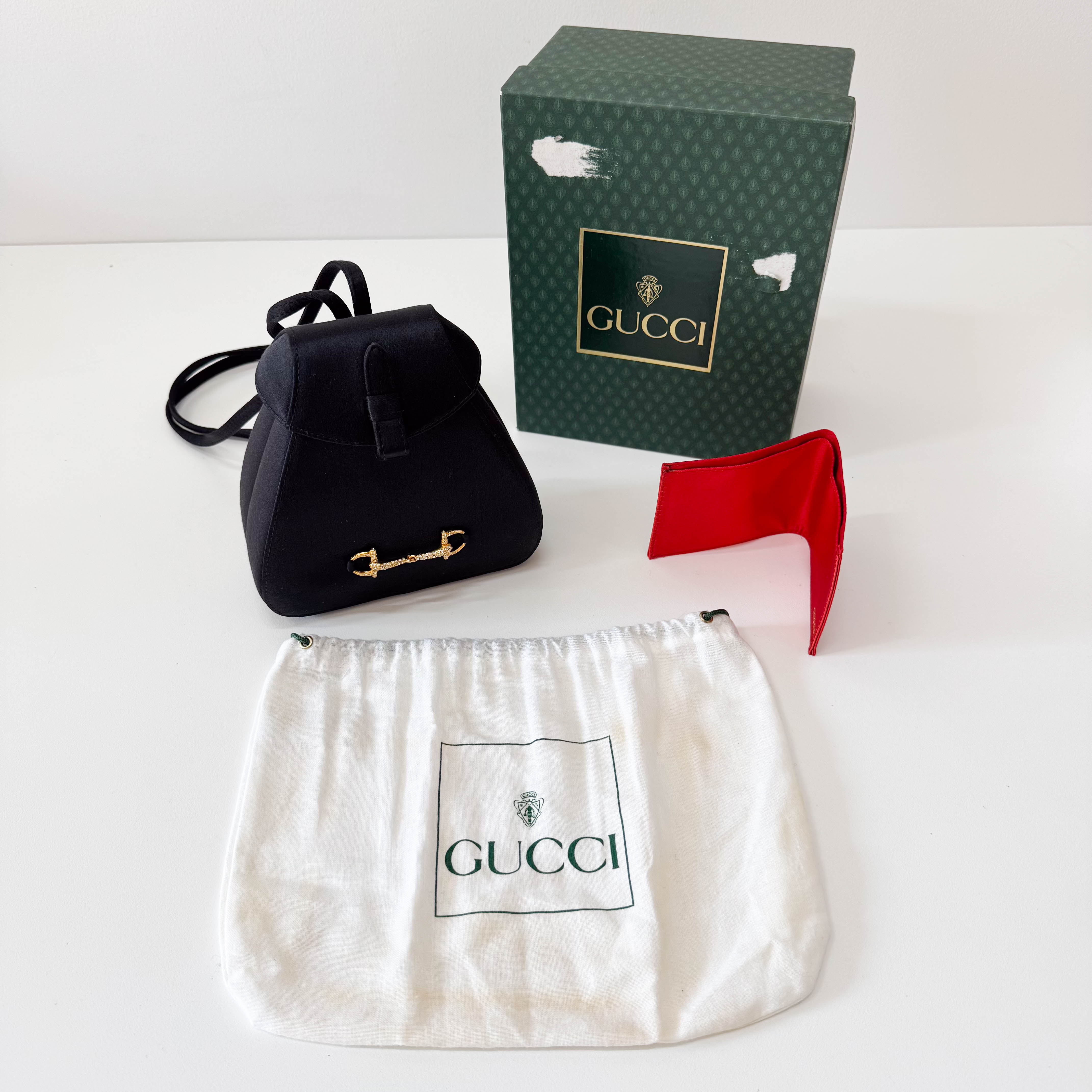 Old Gucci Black Satin Shoulder Bag Rhinestone Horsebit Hardware