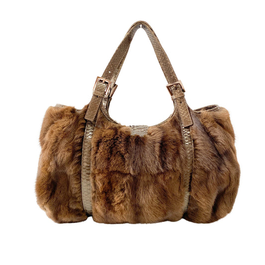 Tote Brown Fur & Leather Details Shoulder Bag