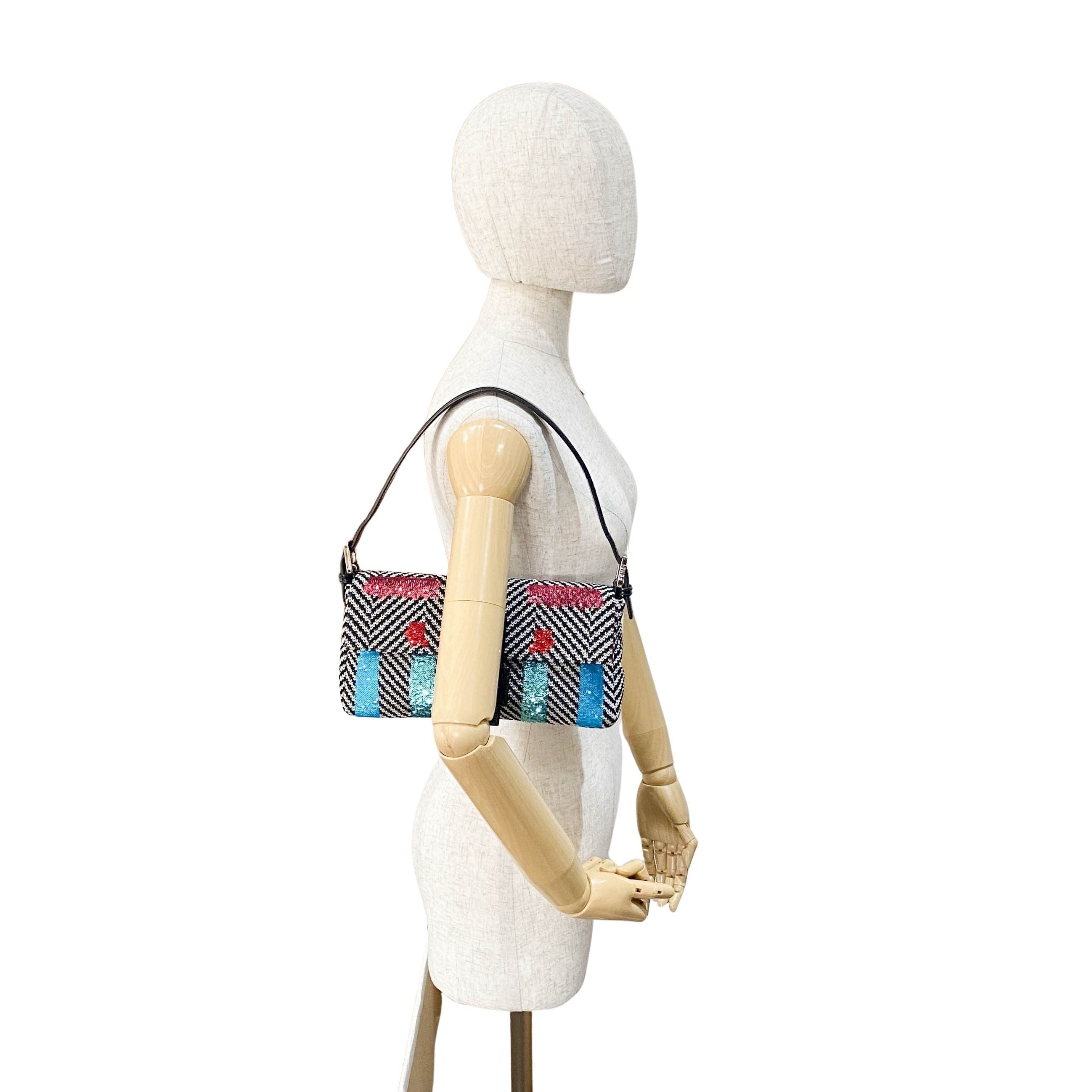 Baguette White Striped Embroidered Cotton & Sequin Shoulder Bag