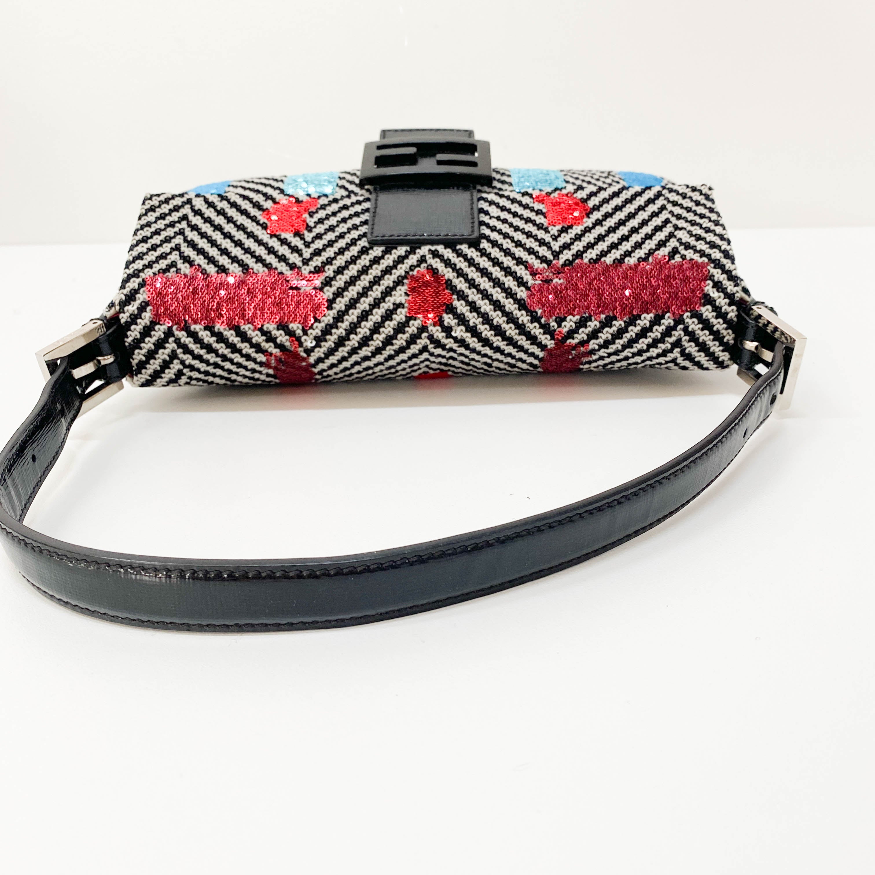 Baguette White Striped Embroidered Cotton & Sequin Shoulder Bag