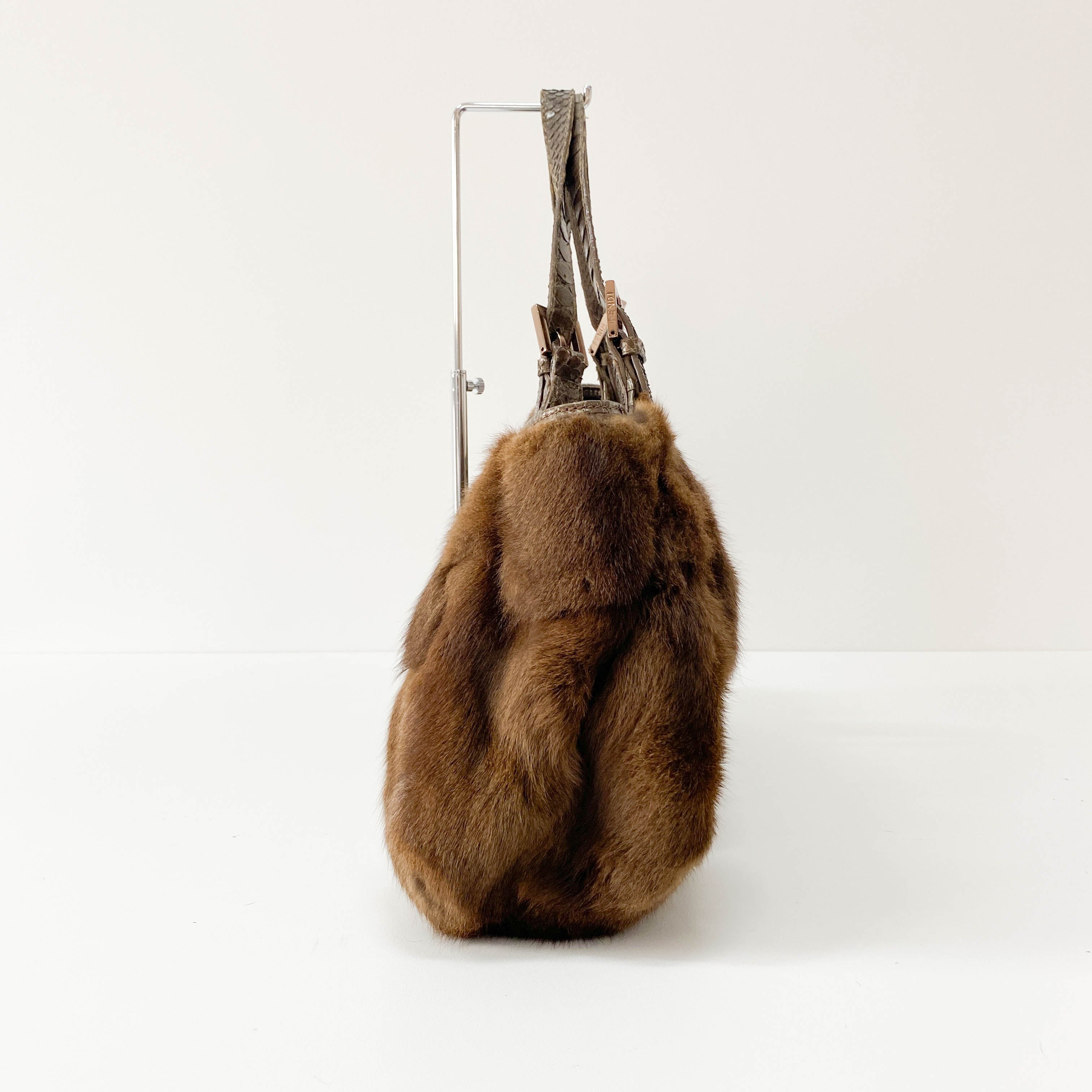 Tote Brown Fur & Leather Details Shoulder Bag