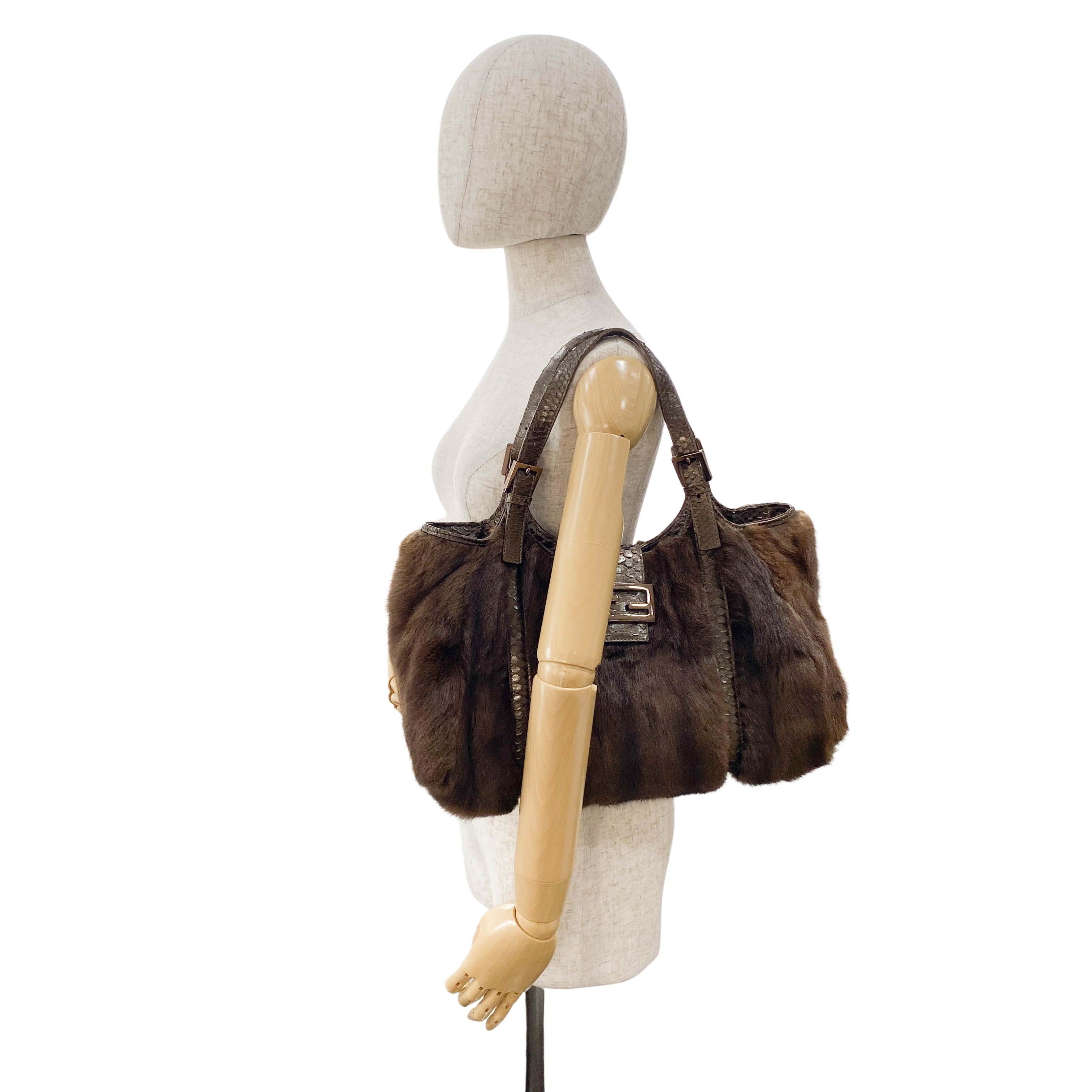 Tote Brown Fur & Leather Details Shoulder Bag