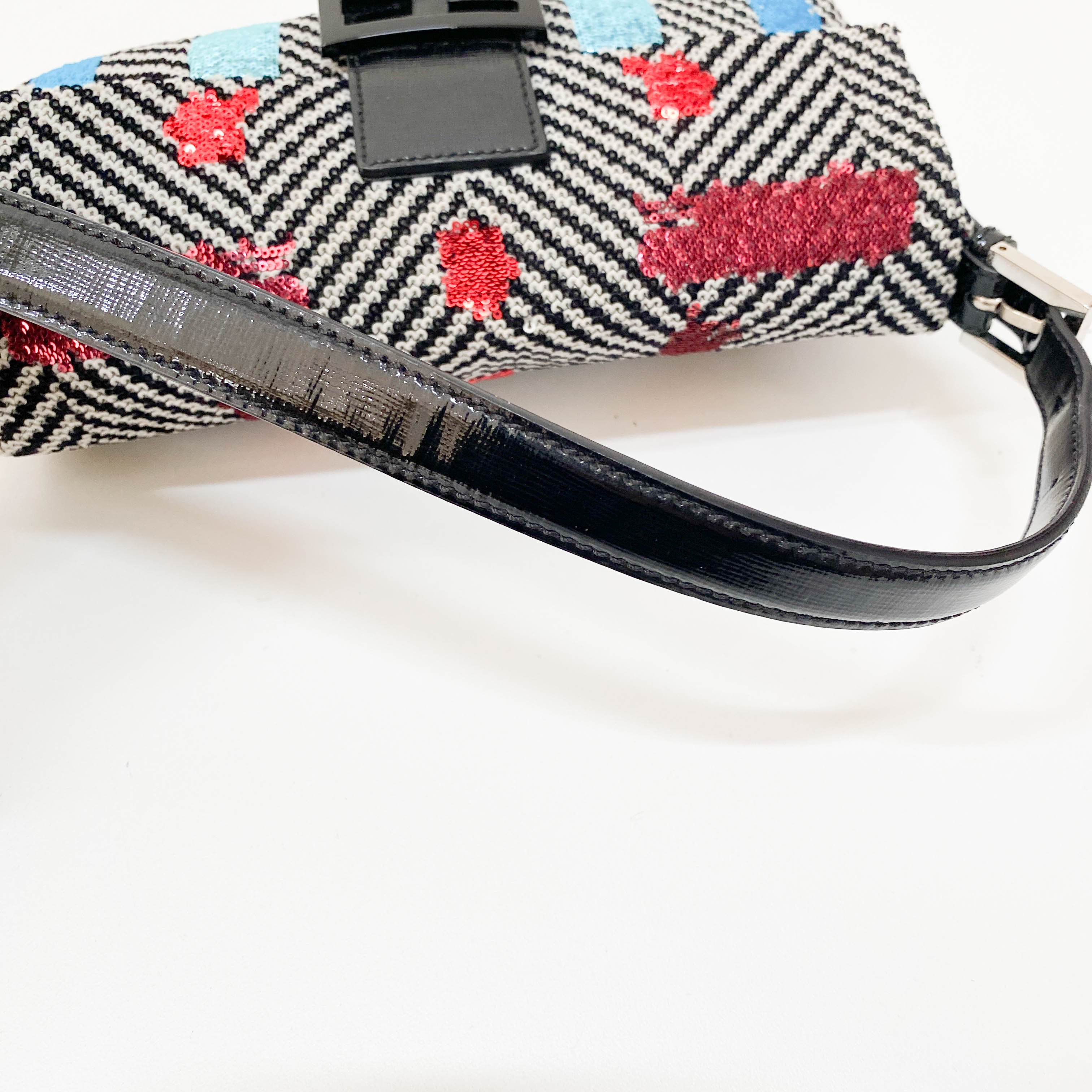 Baguette White Striped Embroidered Cotton & Sequin Shoulder Bag