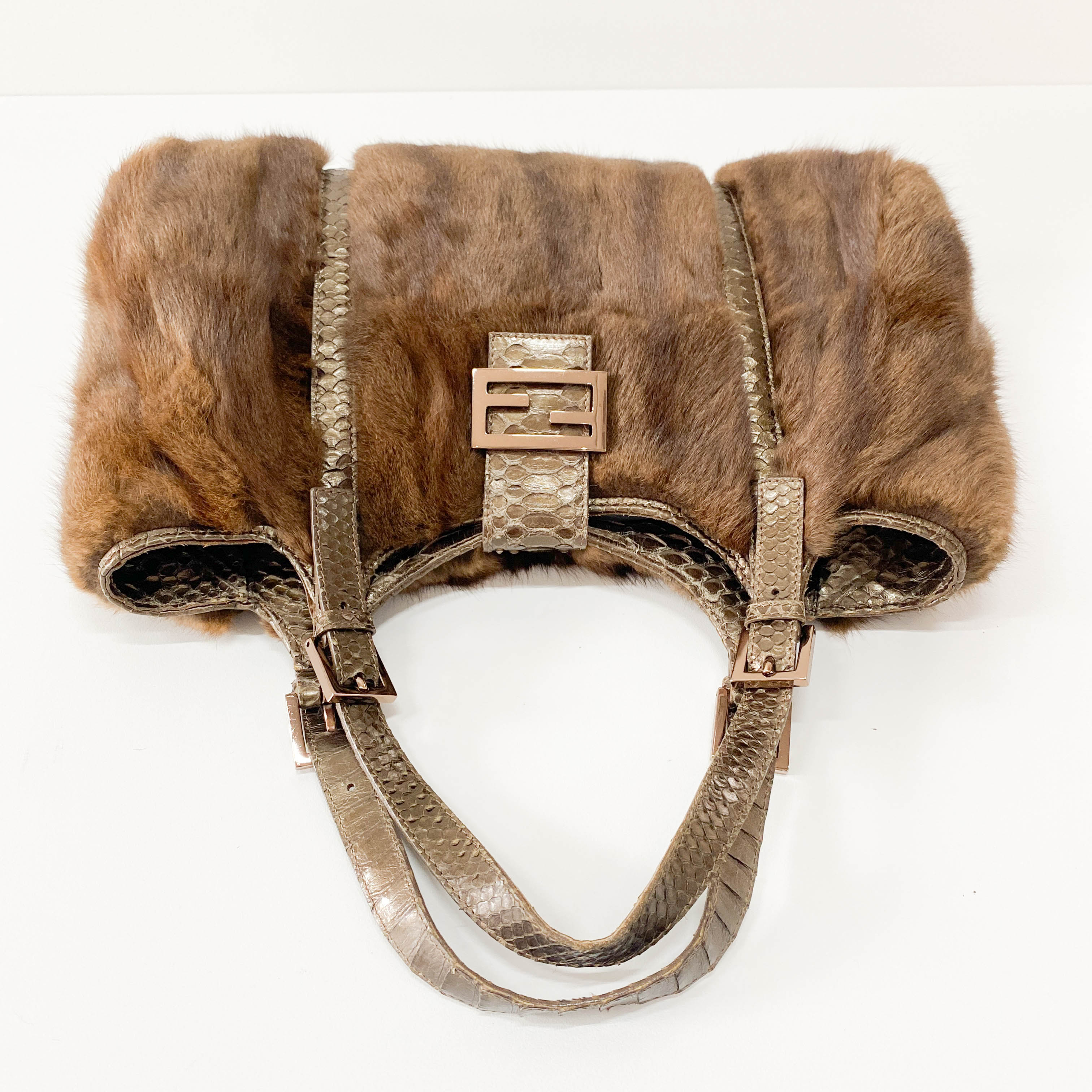 Tote Brown Fur & Leather Details Shoulder Bag