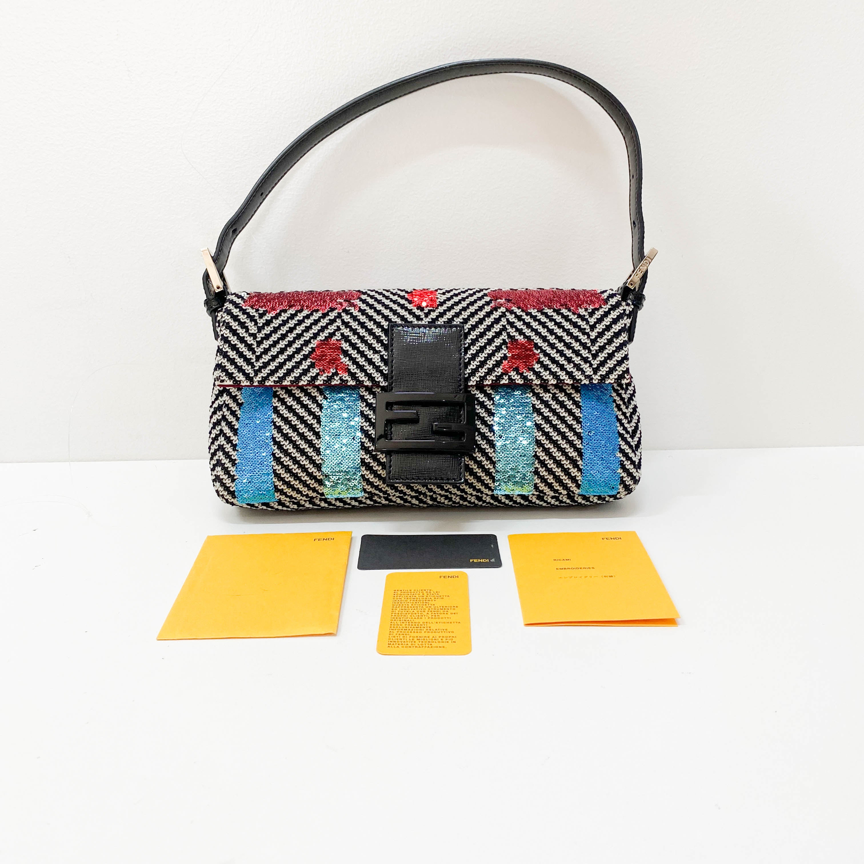 Baguette White Striped Embroidered Cotton & Sequin Shoulder Bag