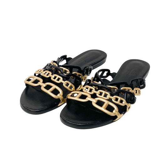 Size 37 Black Leather "Chain" Sandals