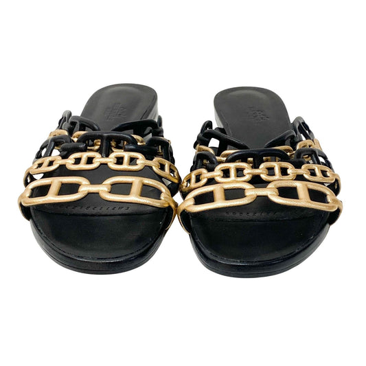 Size 37 Black Leather "Chain" Sandals