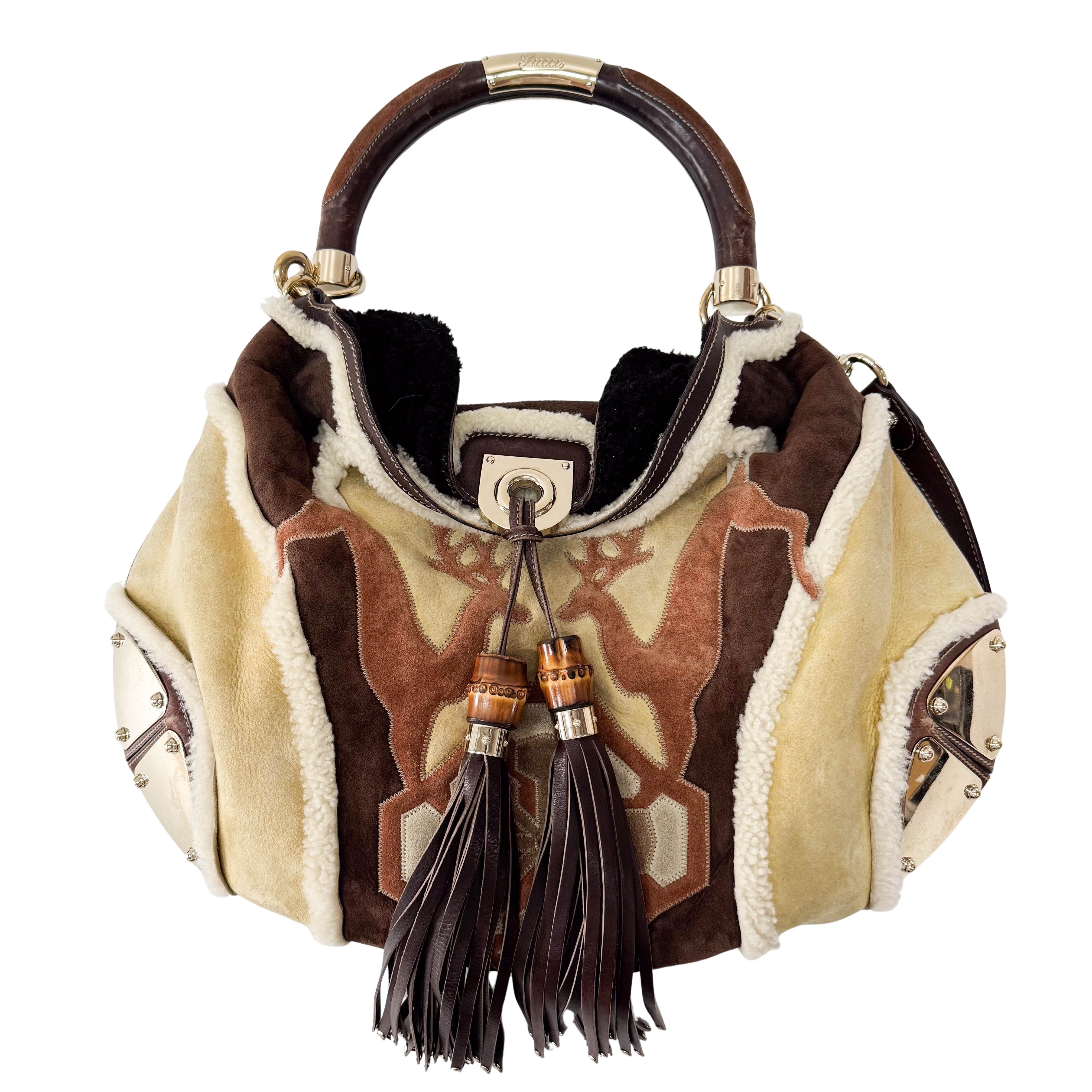 Bamboo Top Handle Sheep Fur Shoulder Bag