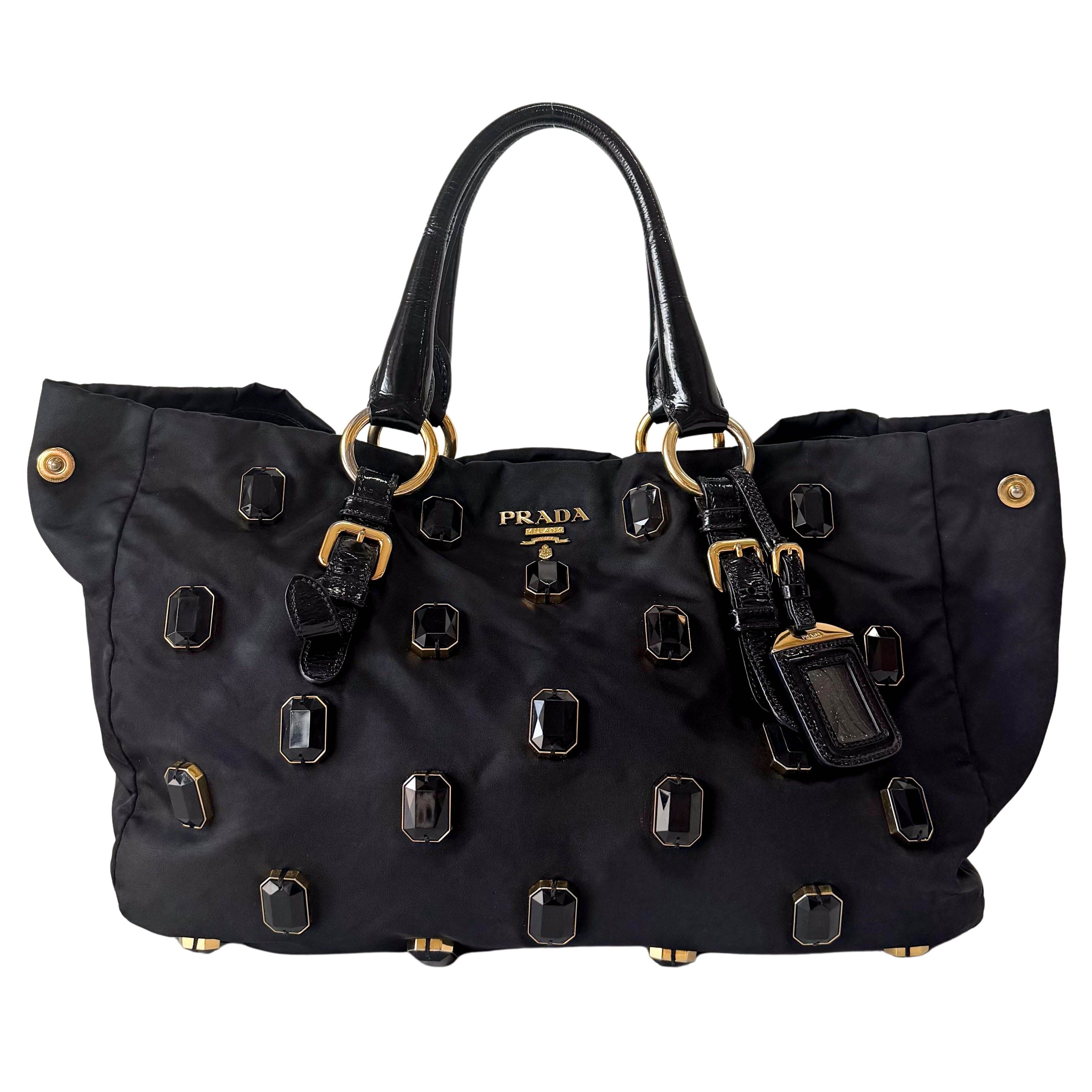 Black Tessuto Nylon Pietre Jeweled Tote Bag