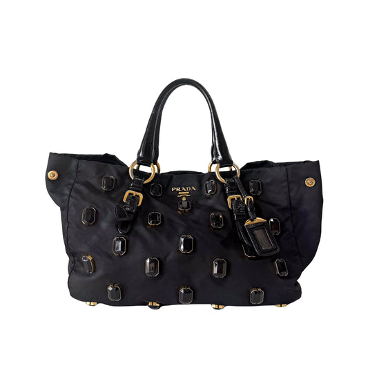 Black Tessuto Nylon Pietre Jeweled Tote Bag