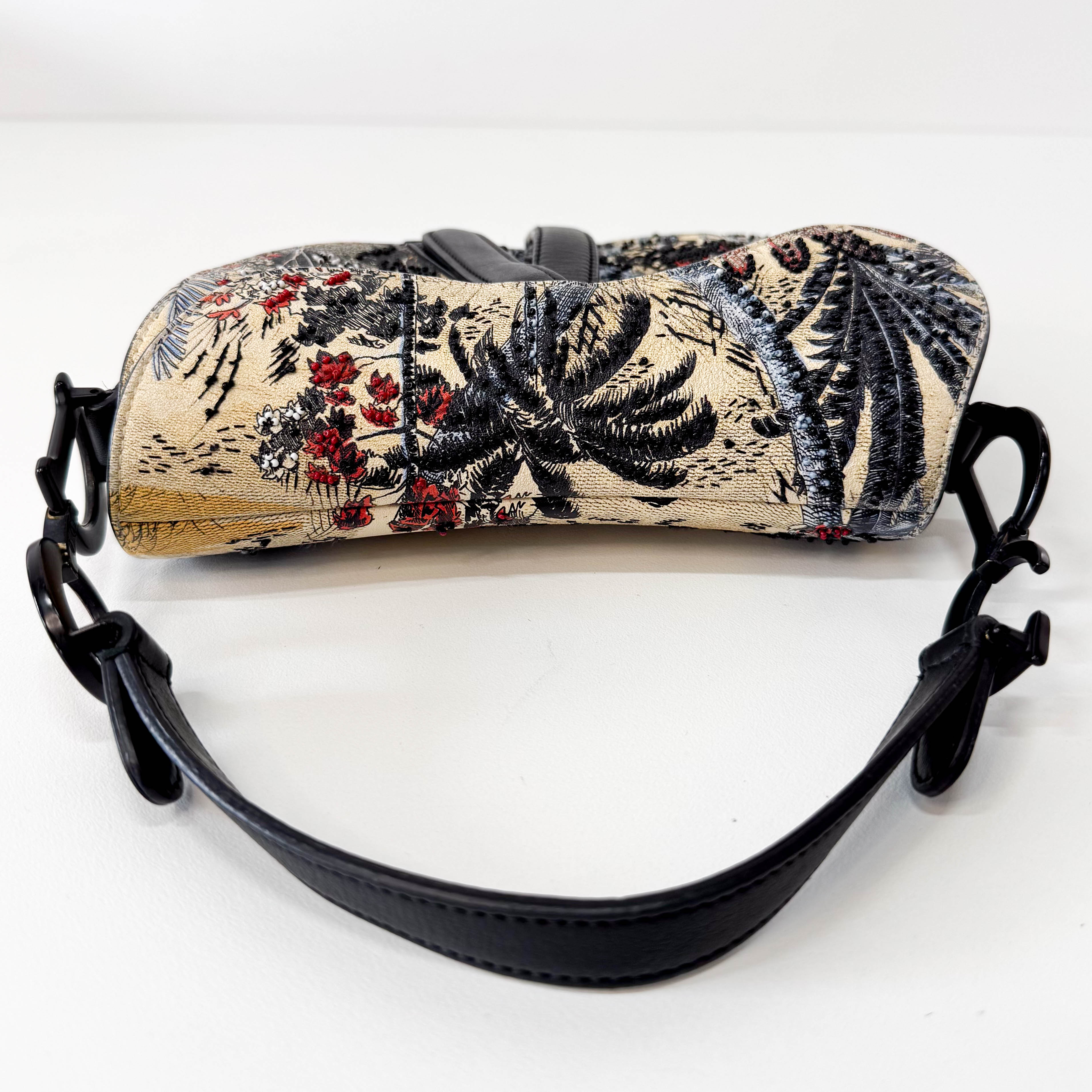 2019 Multicolor Beaded Toile de Jouy Tropicalia Print Calfskin Mini Saddle Bag