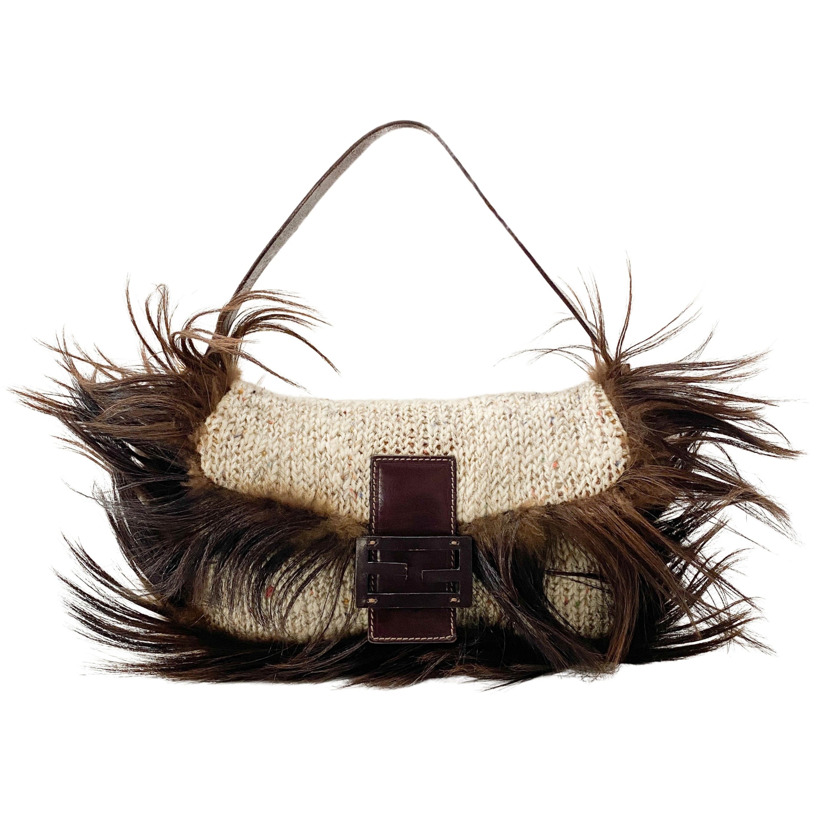 Baguette in Beige Wool Knit with Brown Fur Shoulder Bag