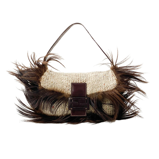 Baguette in Beige Wool Knit with Brown Fur Shoulder Bag