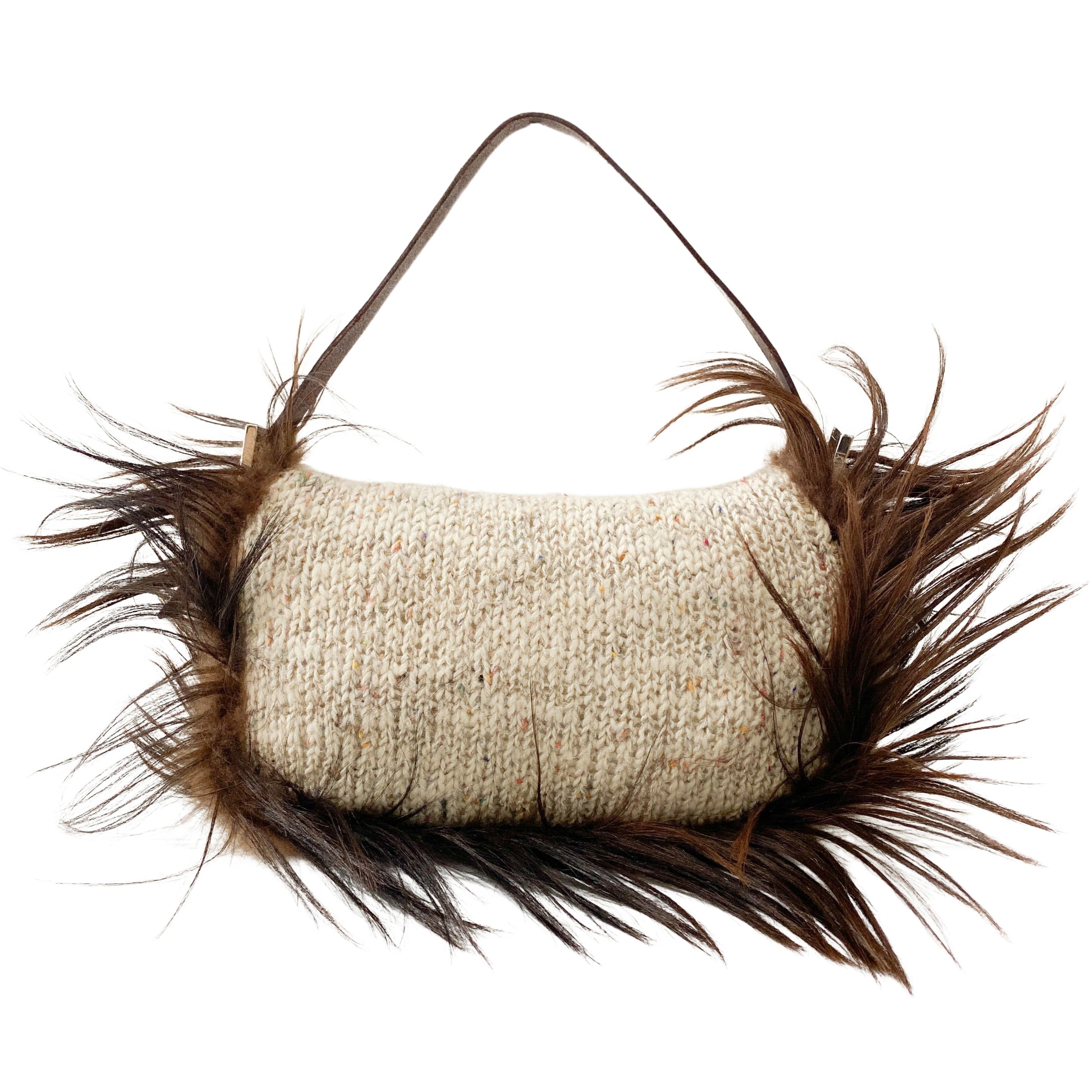 Baguette in Beige Wool Knit with Brown Fur Shoulder Bag