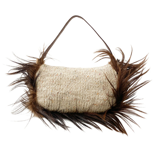Baguette in Beige Wool Knit with Brown Fur Shoulder Bag