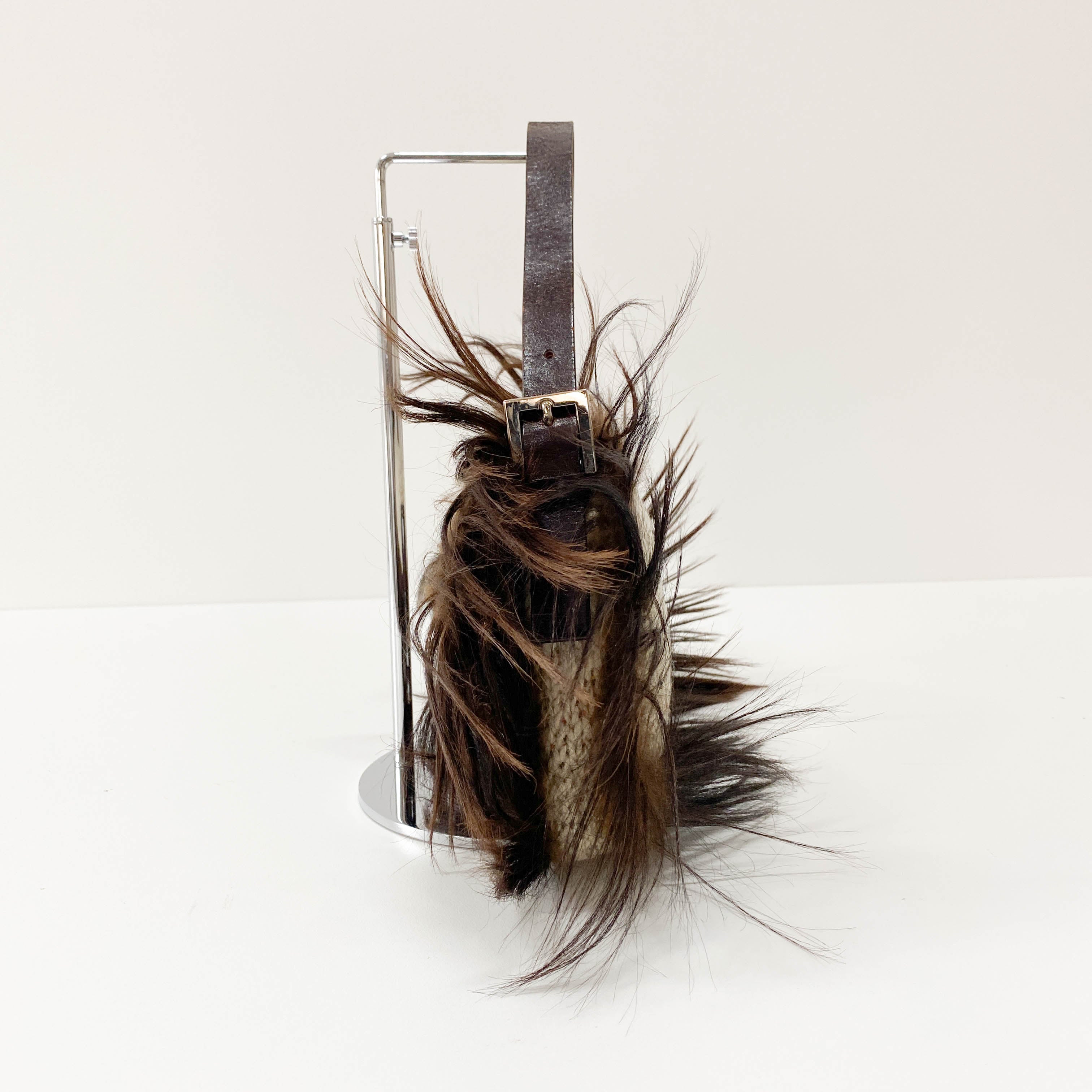 Baguette in Beige Wool Knit with Brown Fur Shoulder Bag