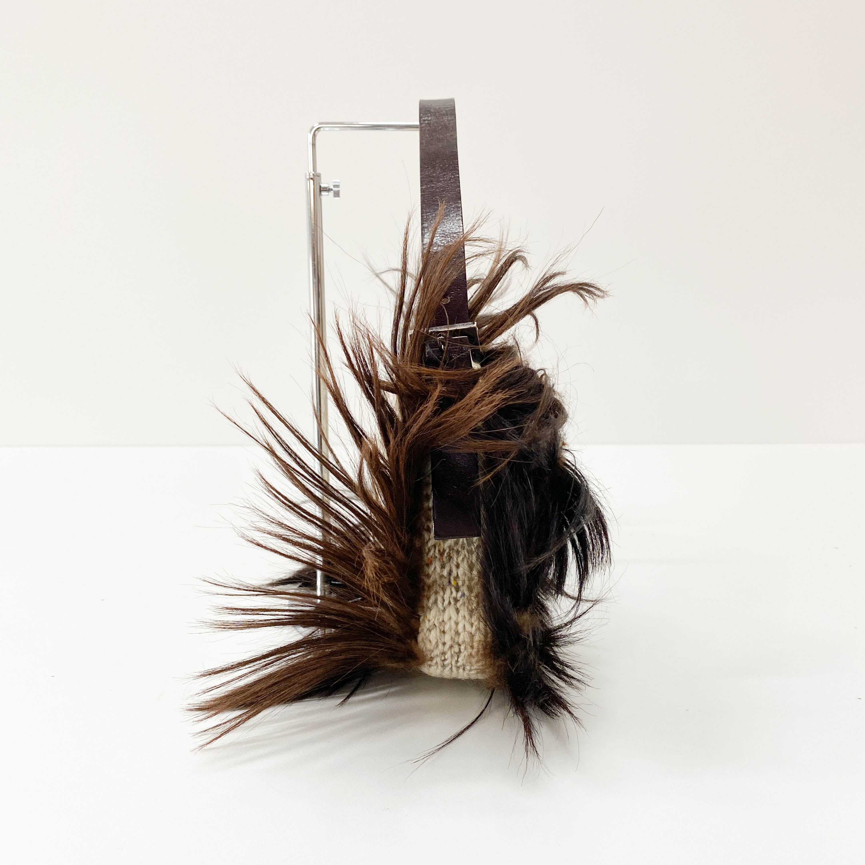 Baguette in Beige Wool Knit with Brown Fur Shoulder Bag