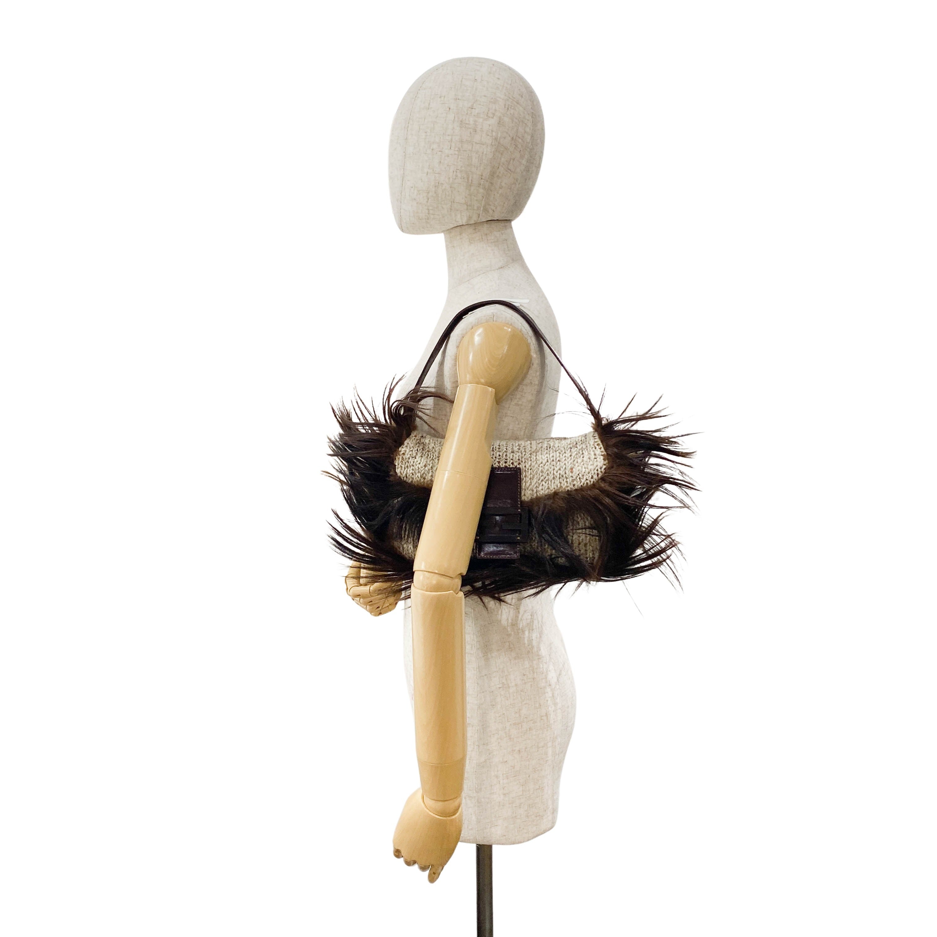 Baguette in Beige Wool Knit with Brown Fur Shoulder Bag