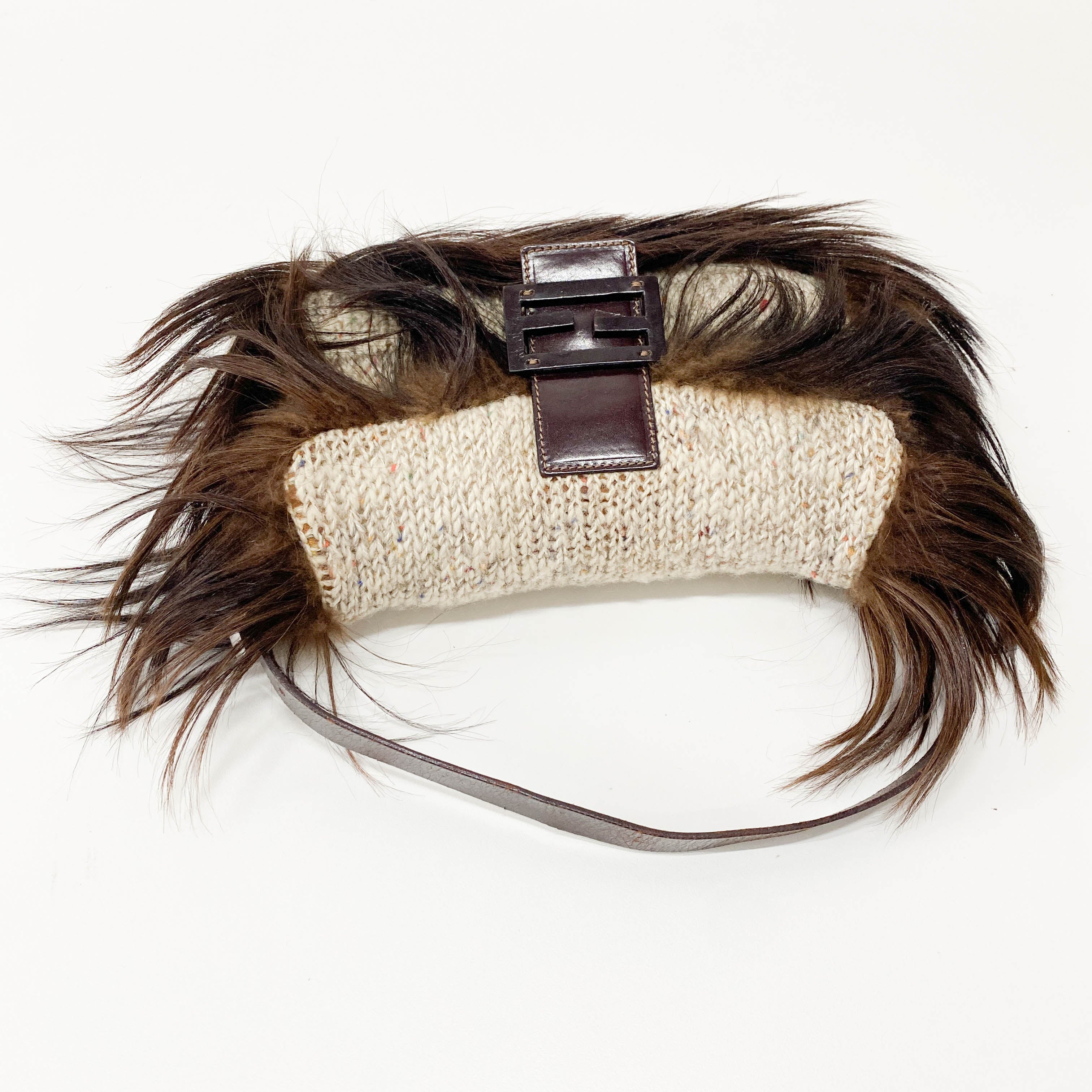 Baguette in Beige Wool Knit with Brown Fur Shoulder Bag