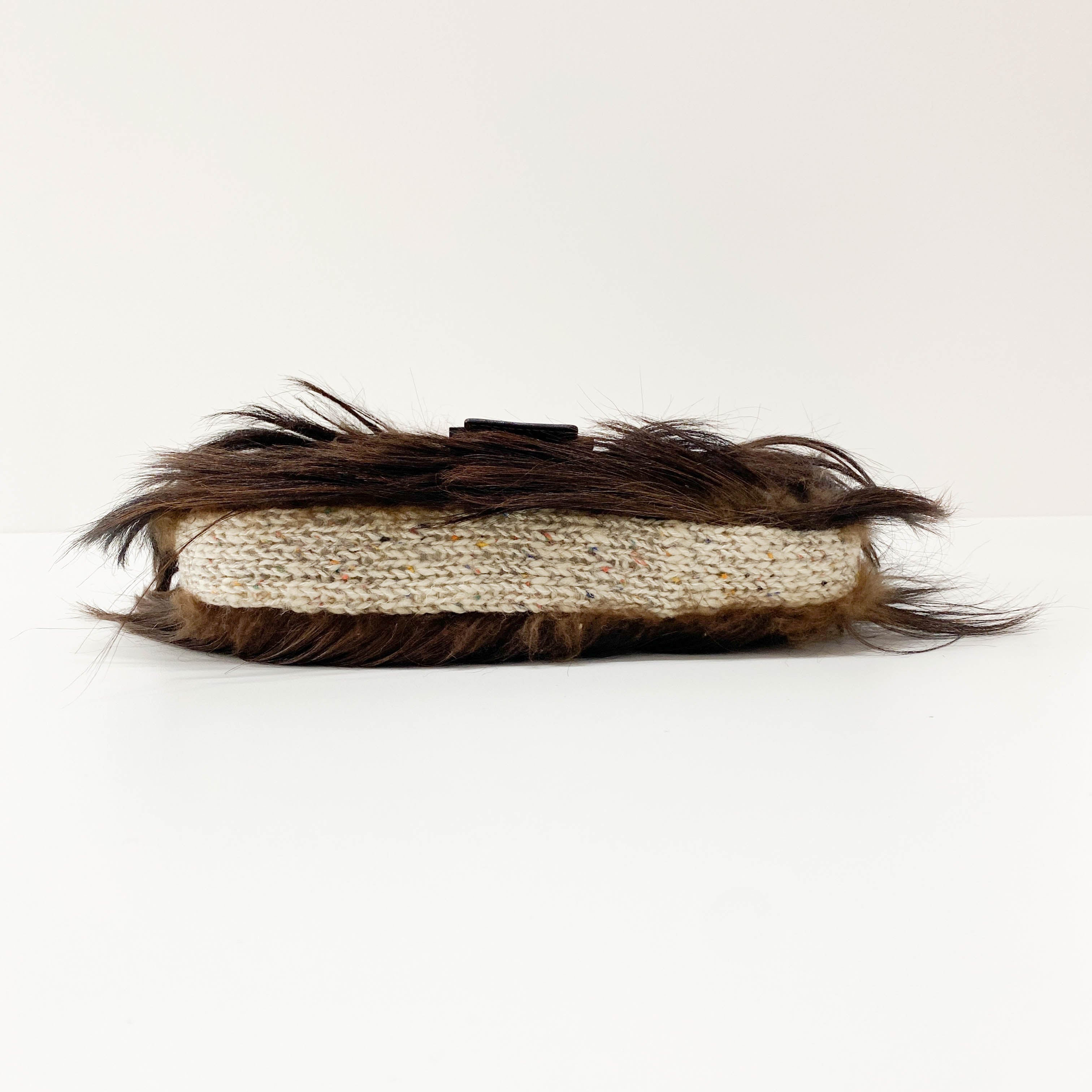 Baguette in Beige Wool Knit with Brown Fur Shoulder Bag