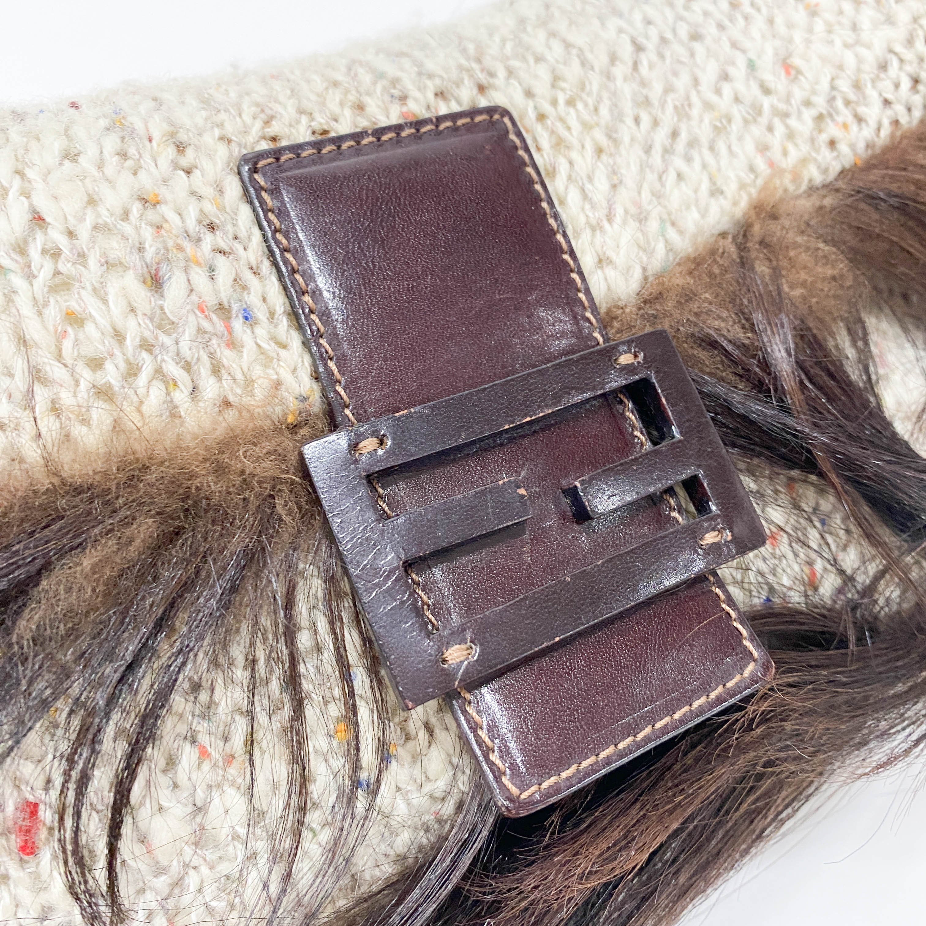 Baguette in Beige Wool Knit with Brown Fur Shoulder Bag