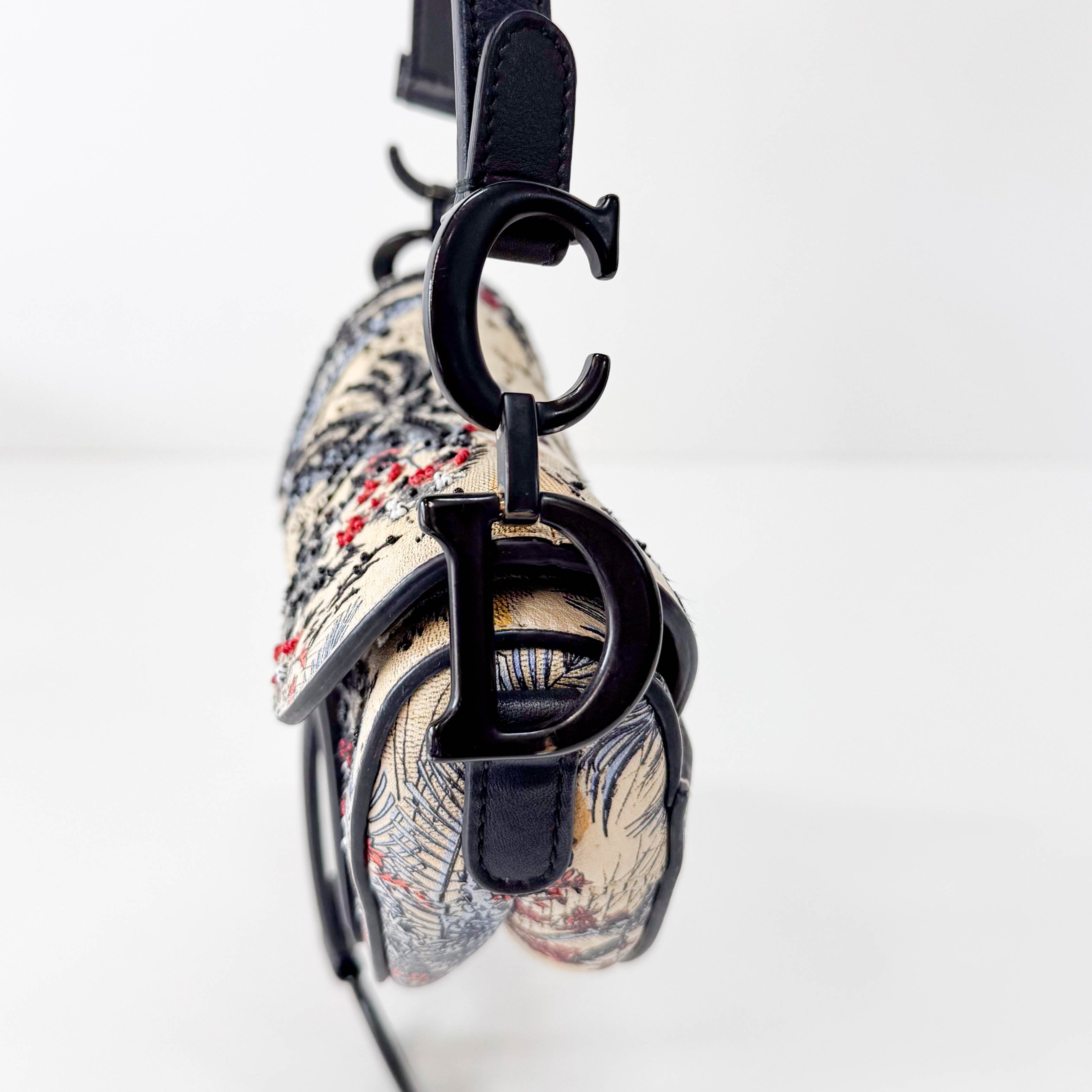 2019 Multicolor Beaded Toile de Jouy Tropicalia Print Calfskin Mini Saddle Bag