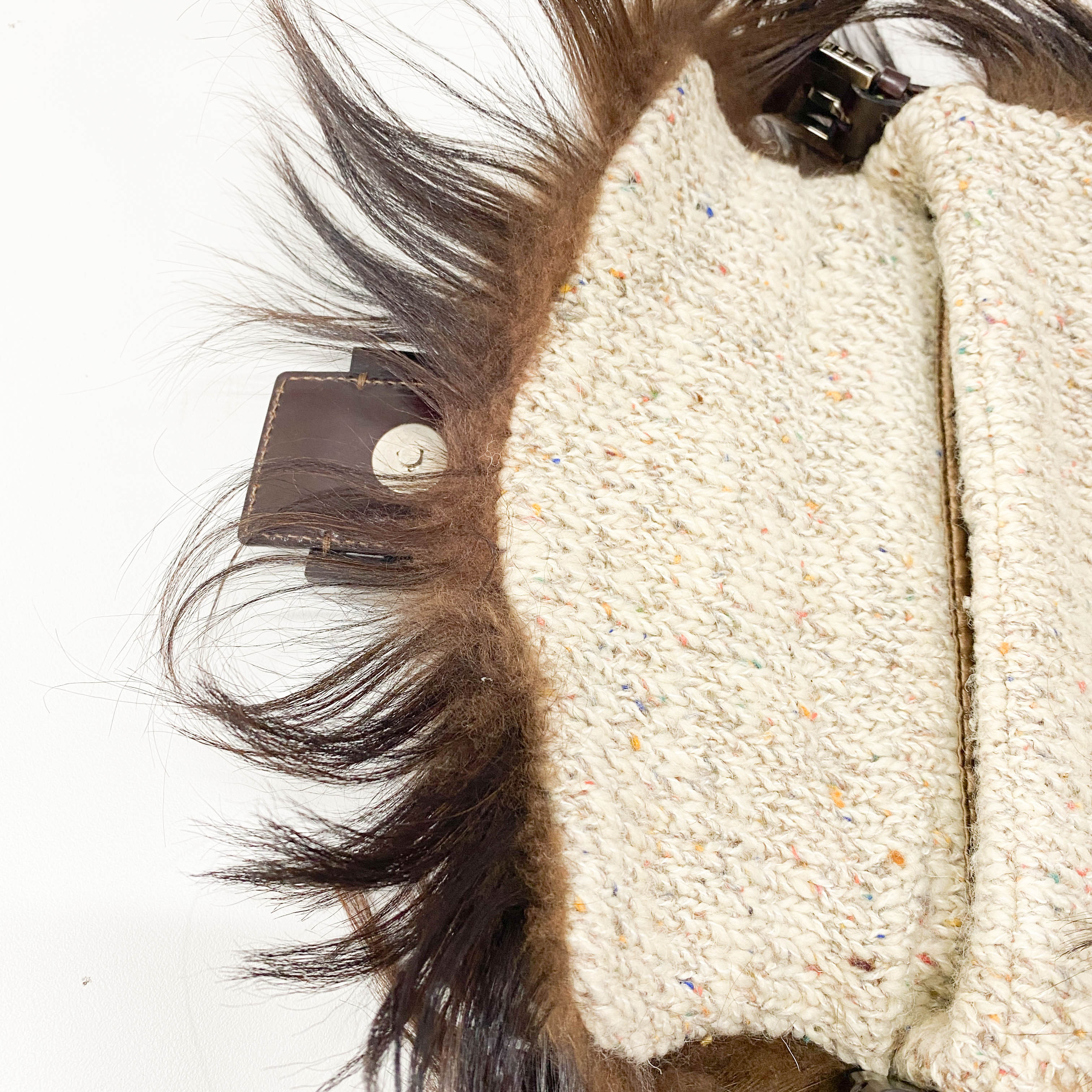 Baguette in Beige Wool Knit with Brown Fur Shoulder Bag