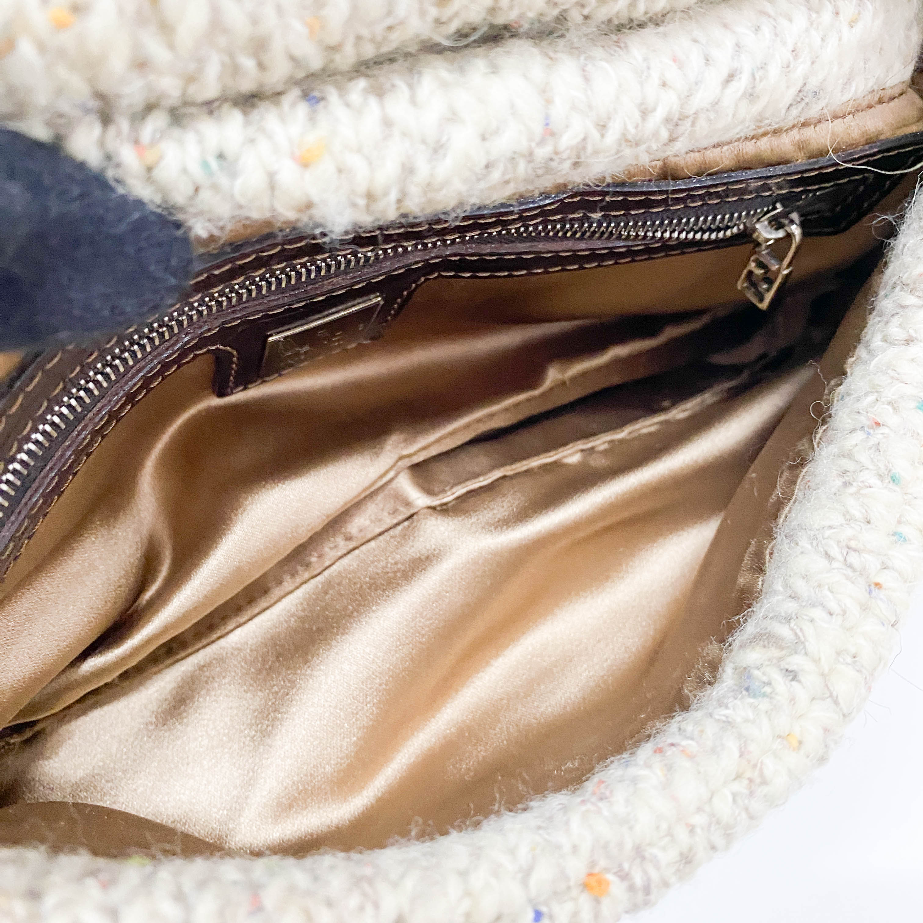 Baguette in Beige Wool Knit with Brown Fur Shoulder Bag