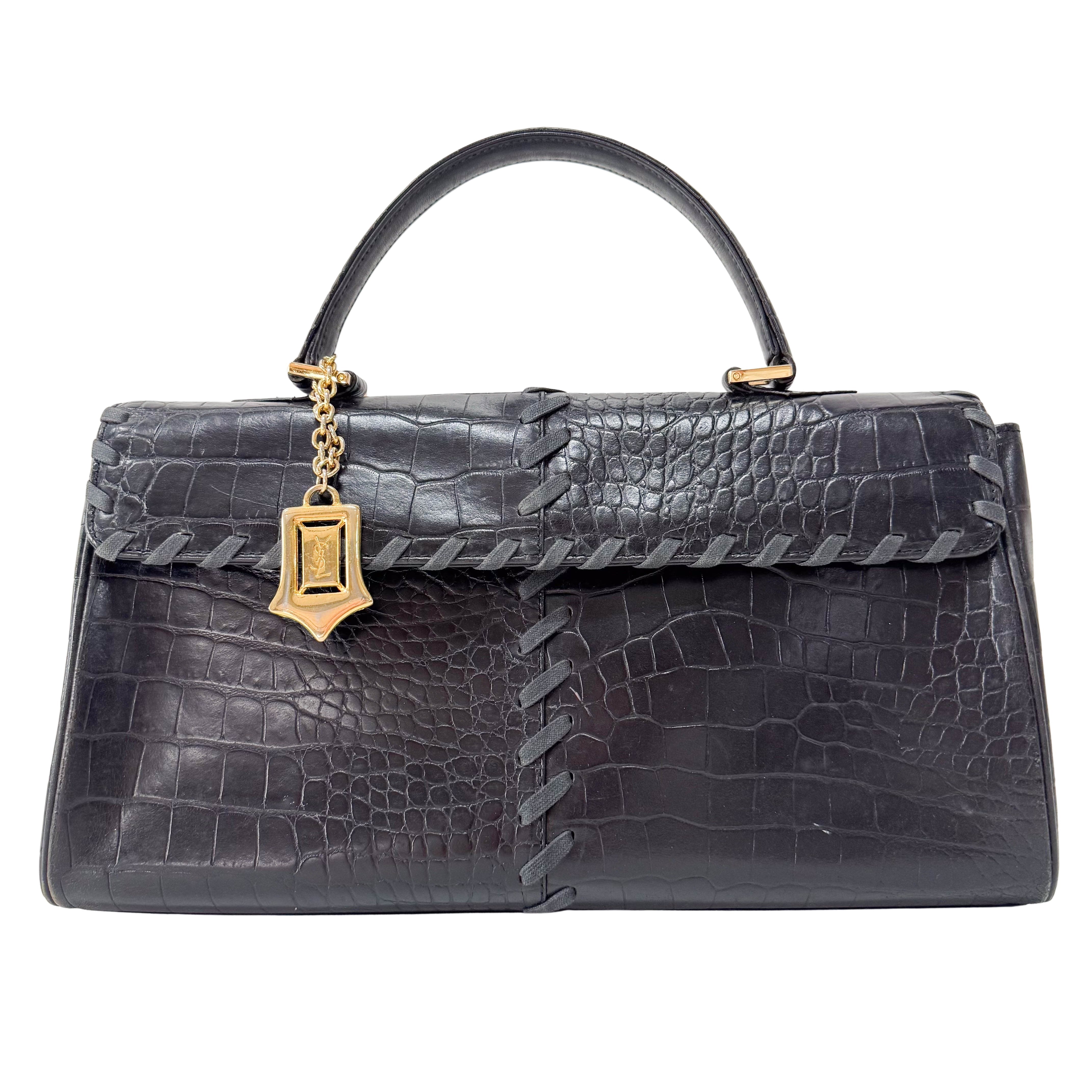 Black Croc Embossed Calfskin Leather Bag