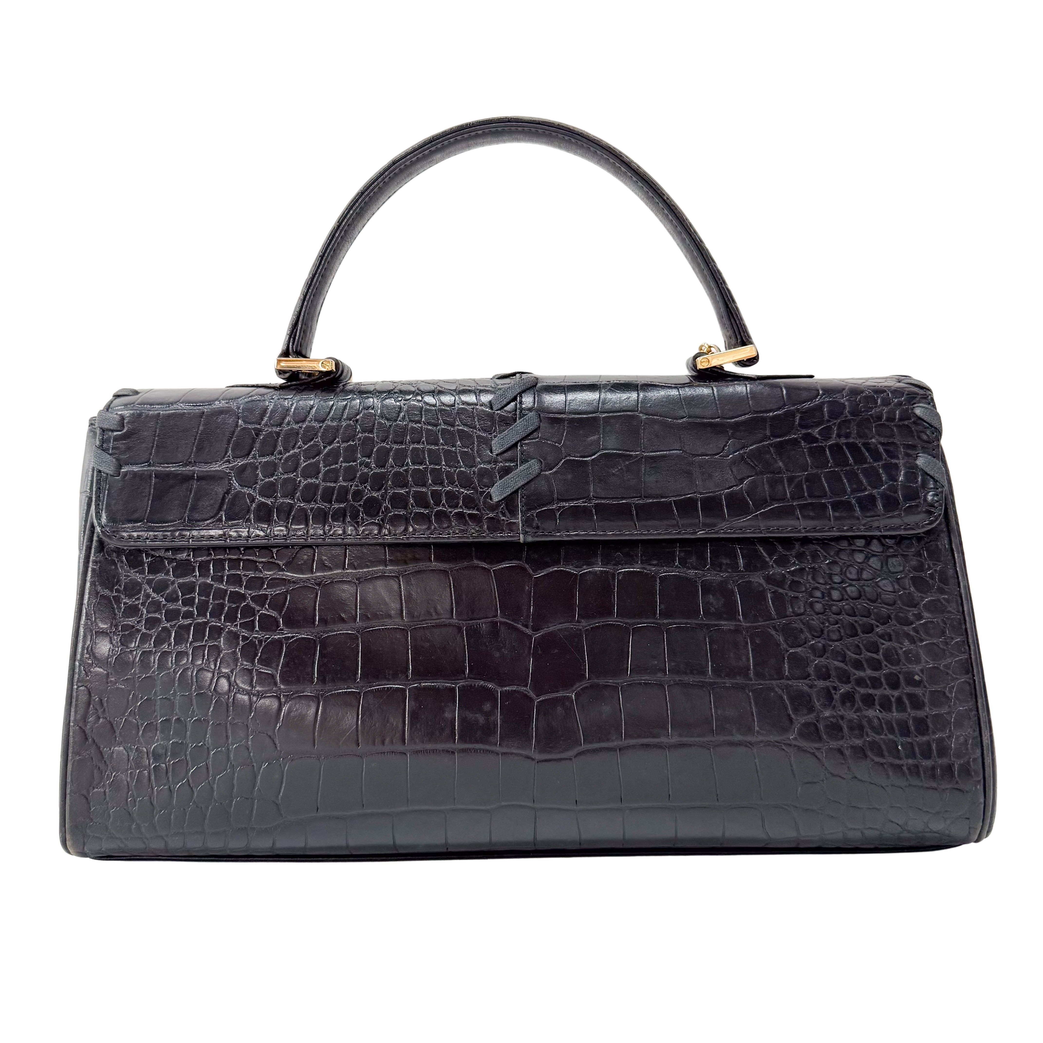 Black Croc Embossed Calfskin Leather Bag