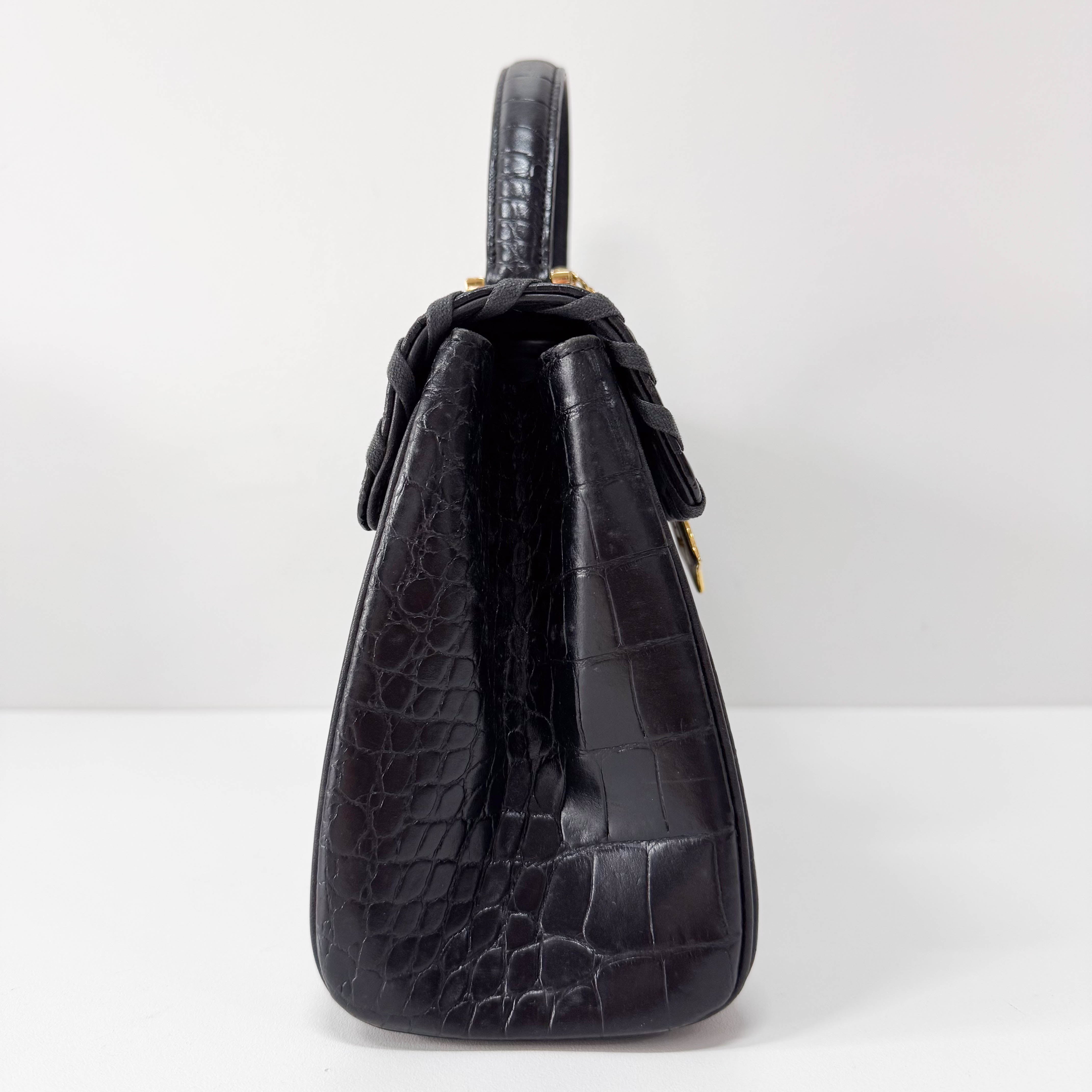 Black Croc Embossed Calfskin Leather Bag