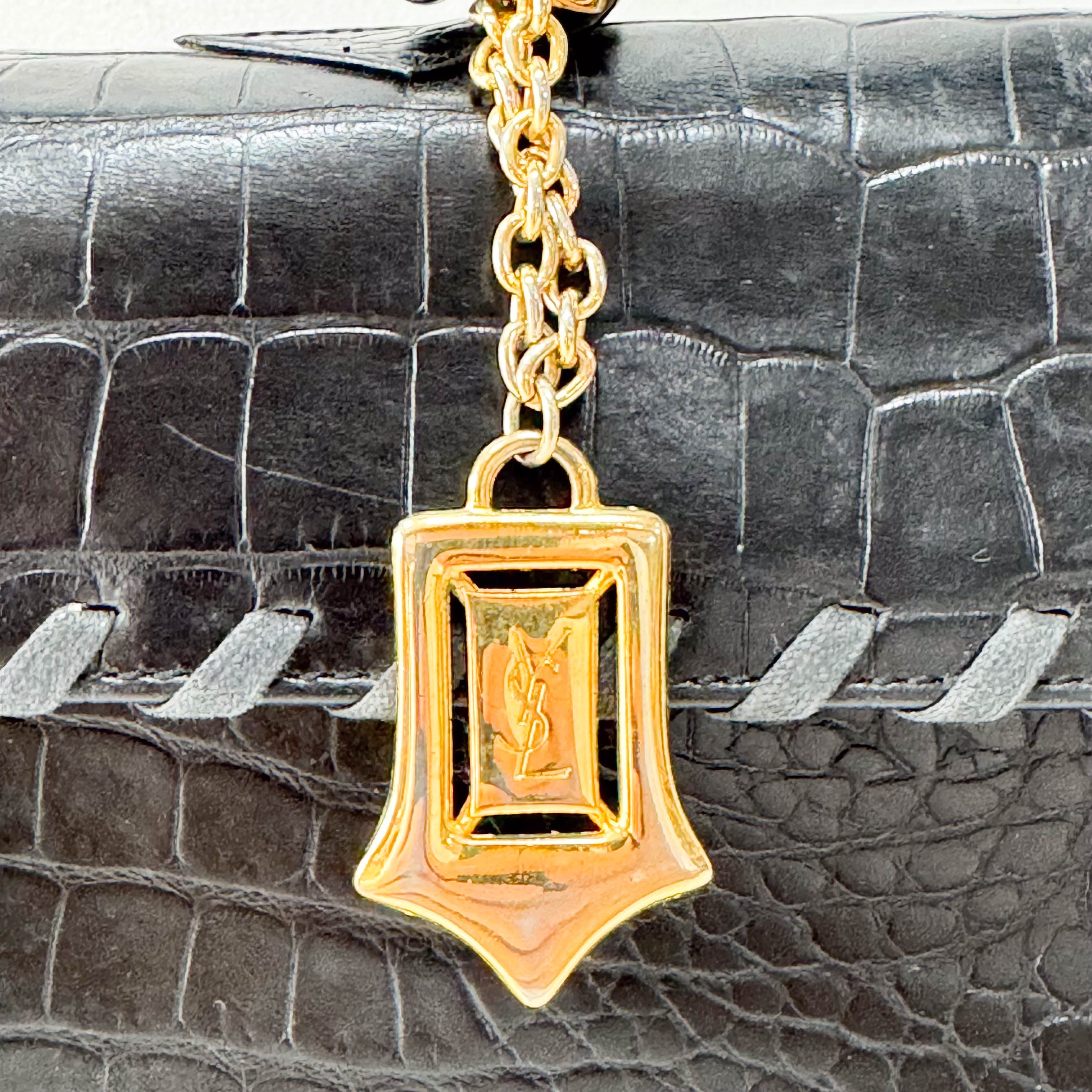 Black Croc Embossed Calfskin Leather Bag