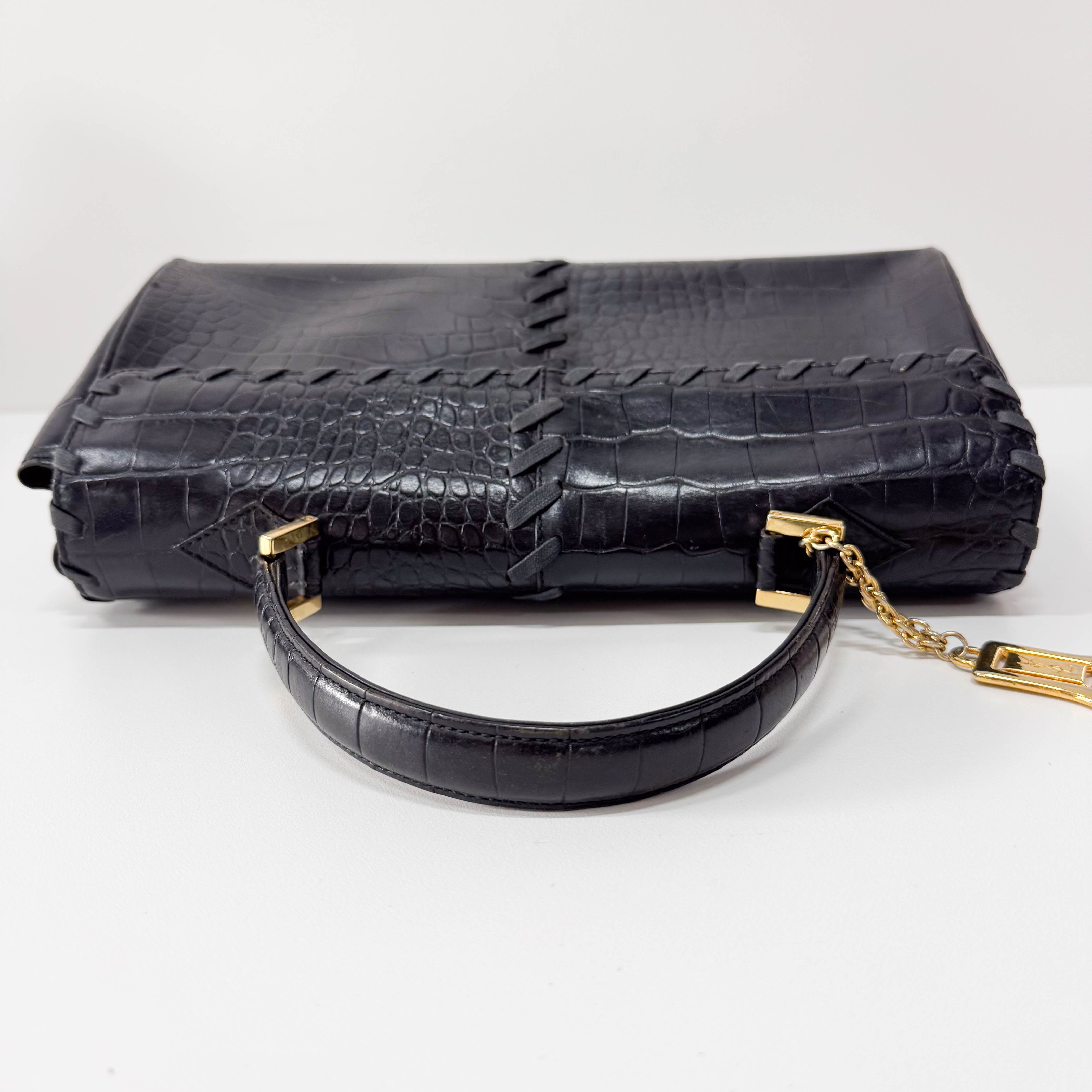 Black Croc Embossed Calfskin Leather Bag