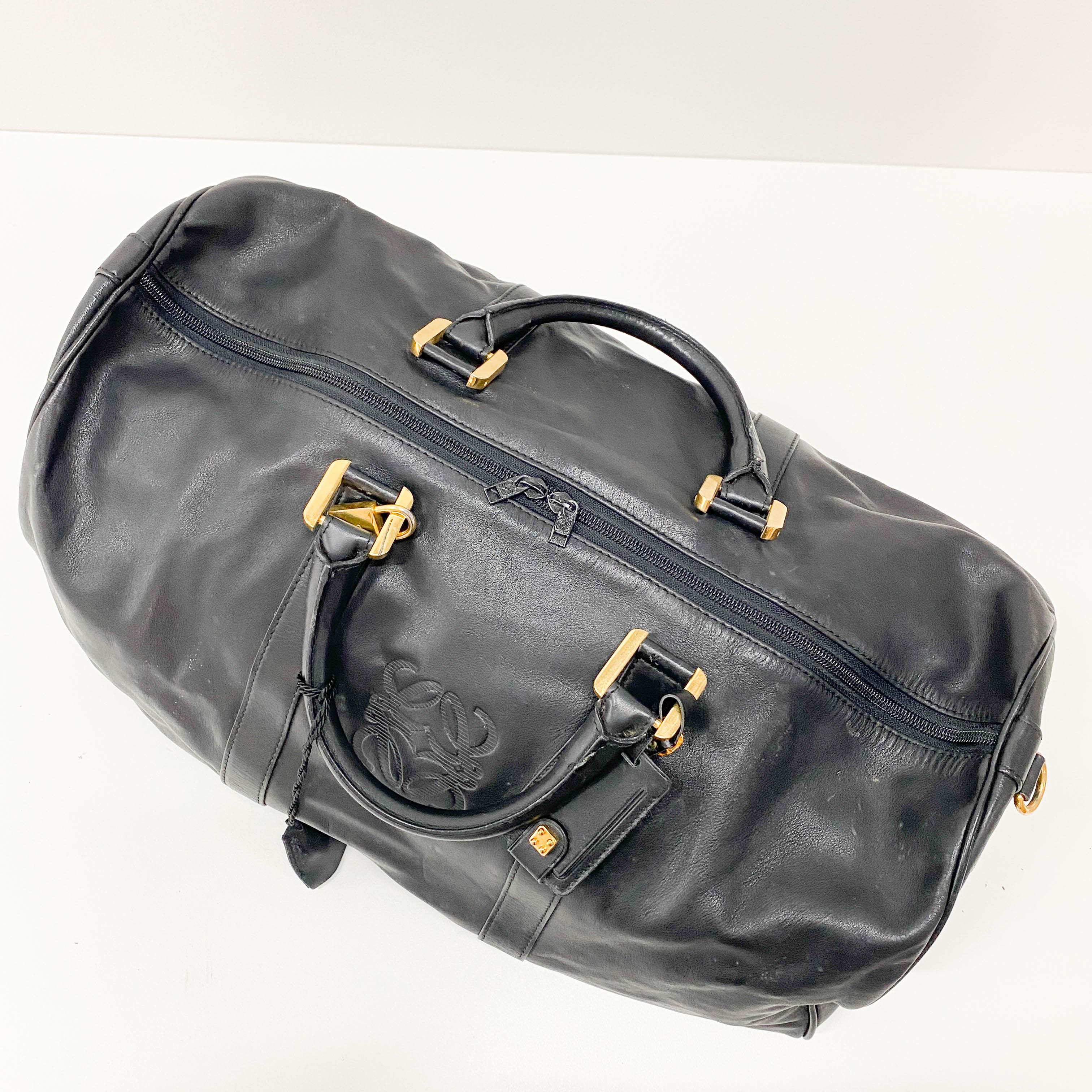 Anagram Black Leather Boston Travel Bag
