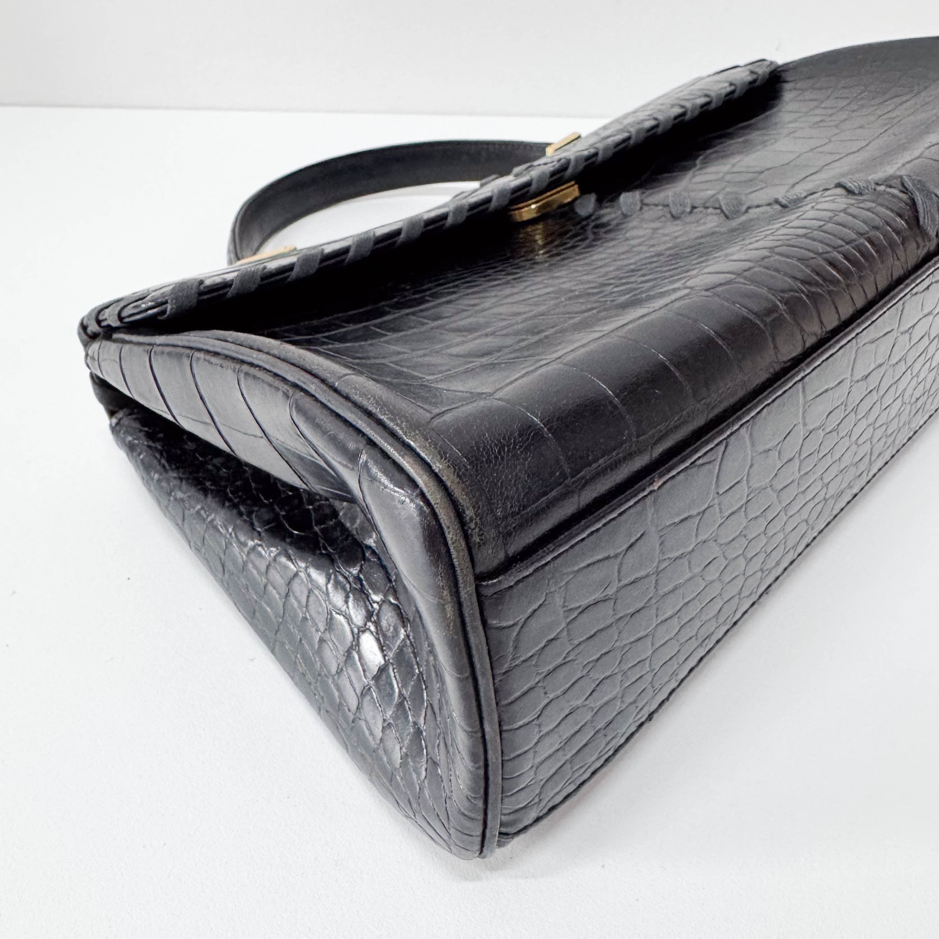 Black Croc Embossed Calfskin Leather Bag