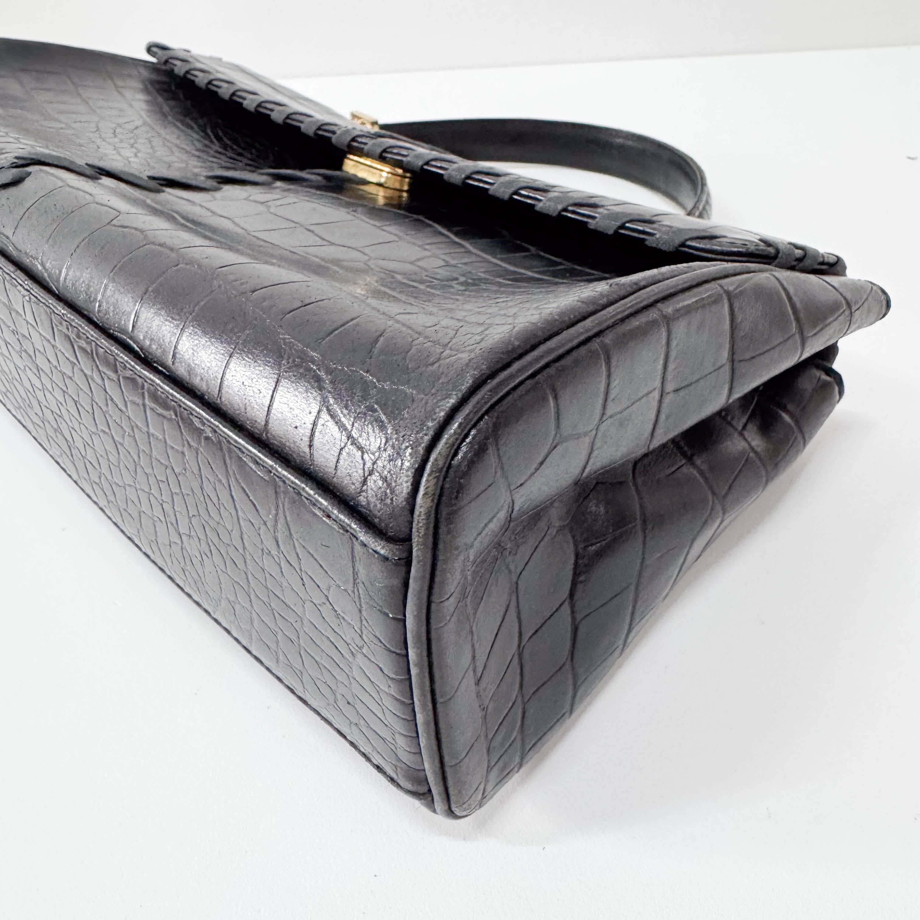 Black Croc Embossed Calfskin Leather Bag