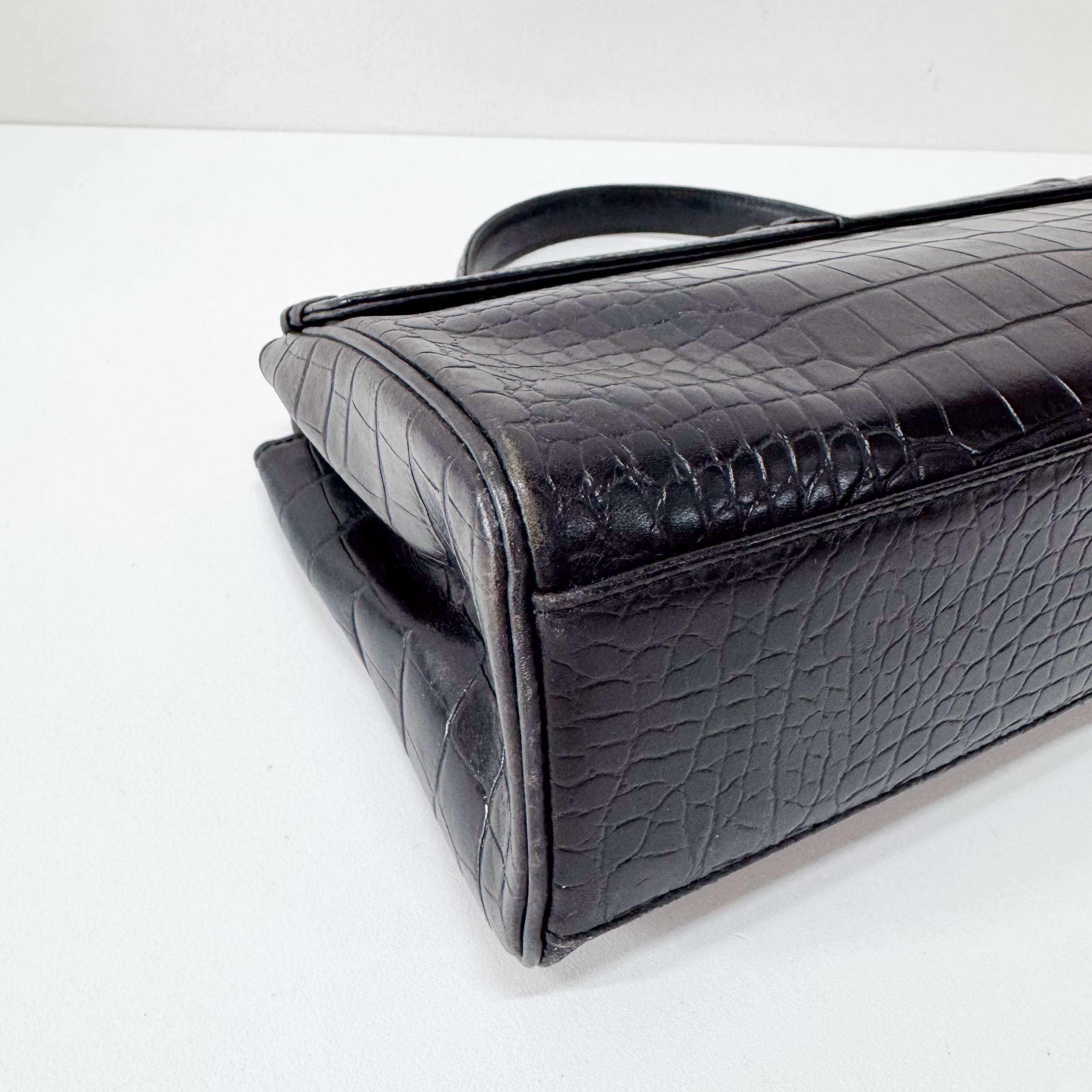 Black Croc Embossed Calfskin Leather Bag