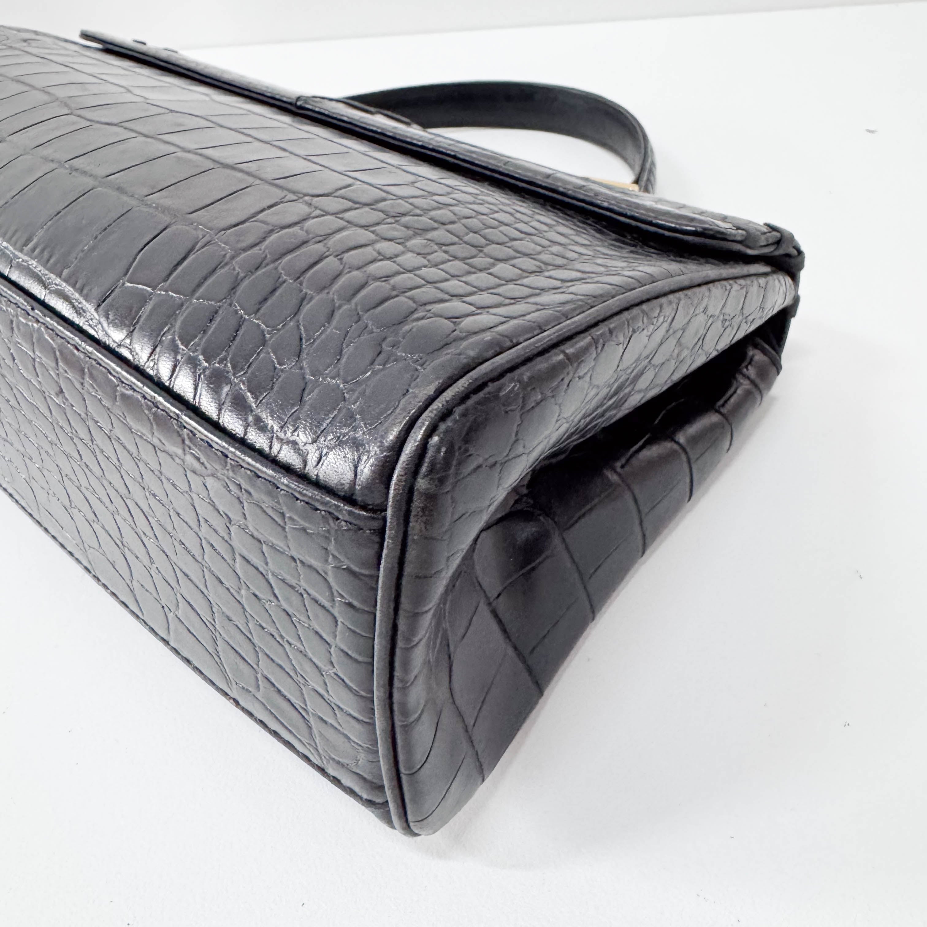 Black Croc Embossed Calfskin Leather Bag