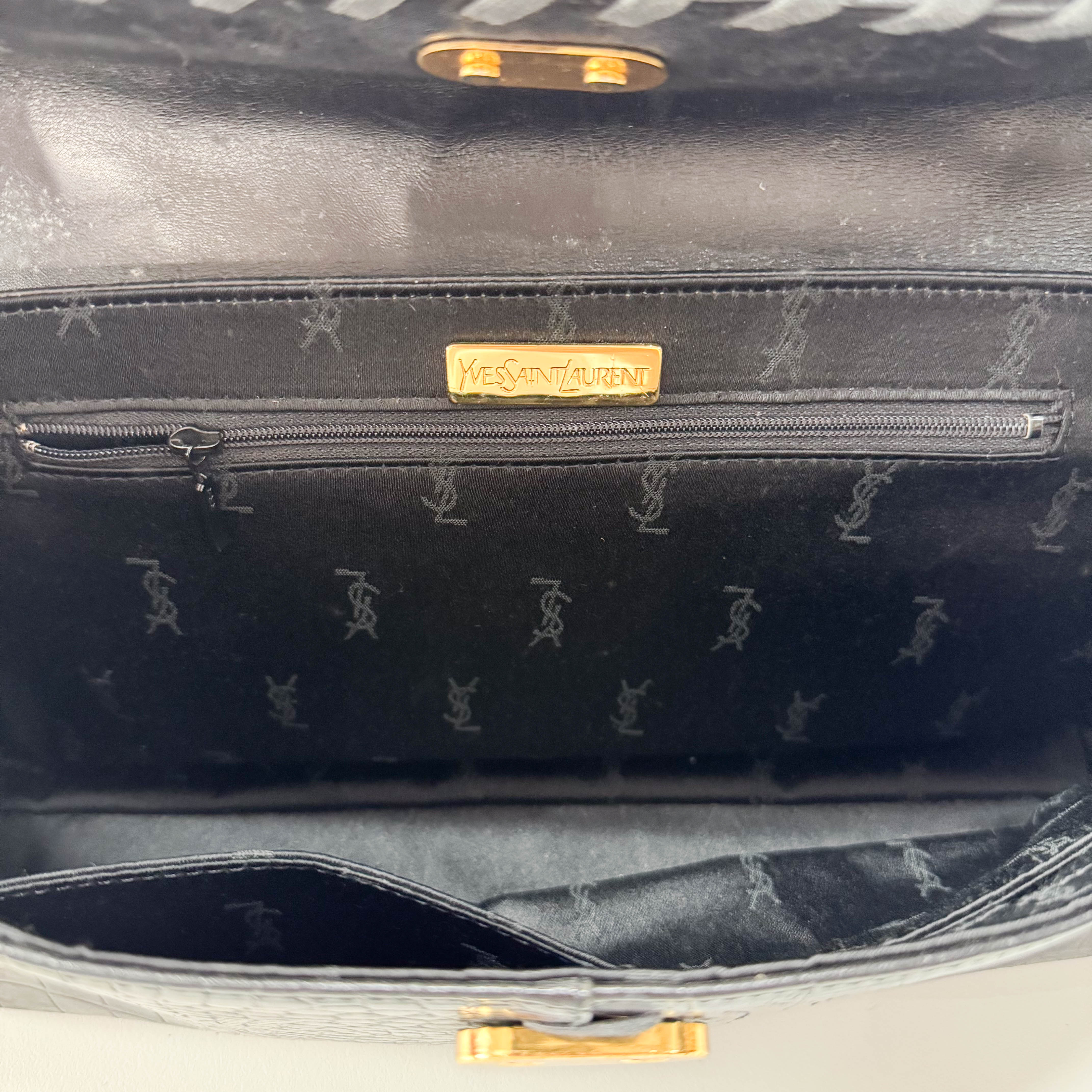 Black Croc Embossed Calfskin Leather Bag