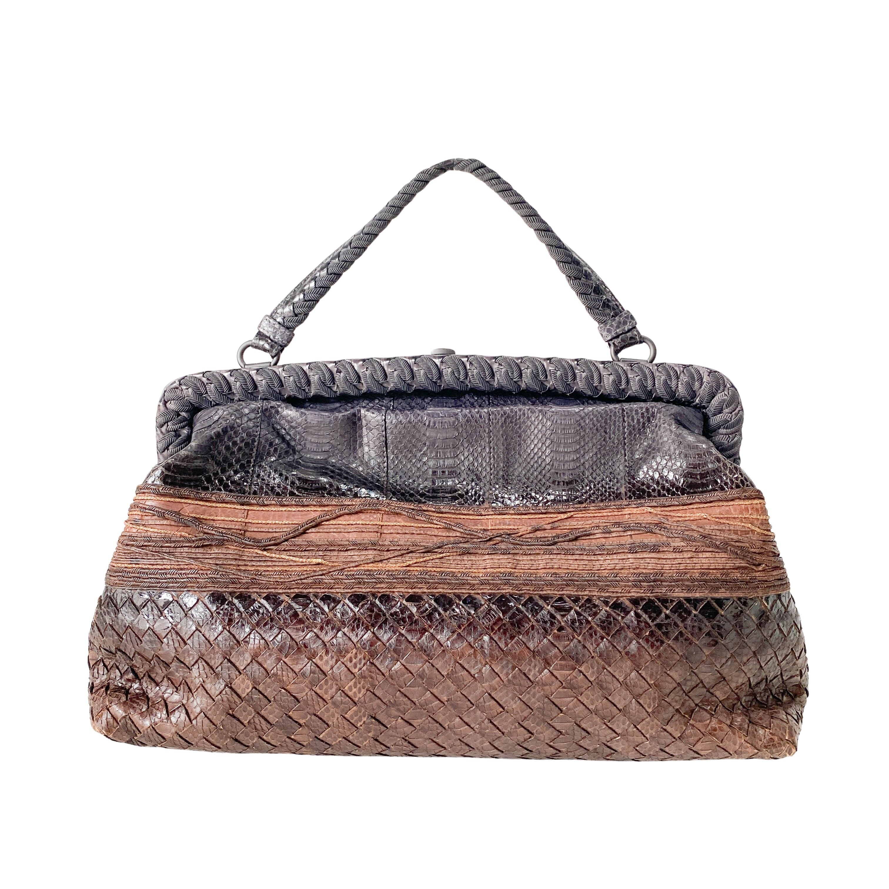 Brown Python Embossed Intrecciato Clasp Bag