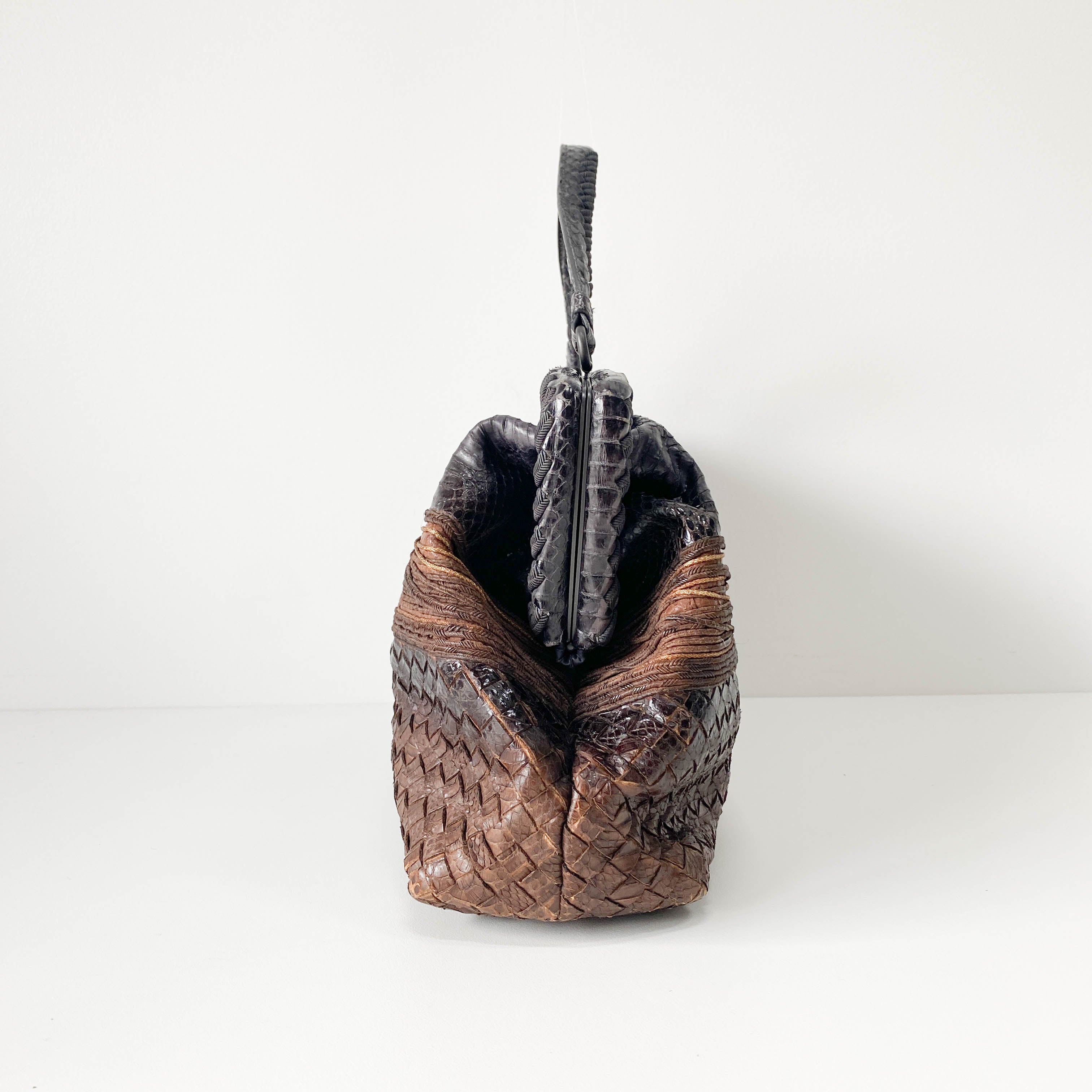 Brown Python Embossed Intrecciato Clasp Bag