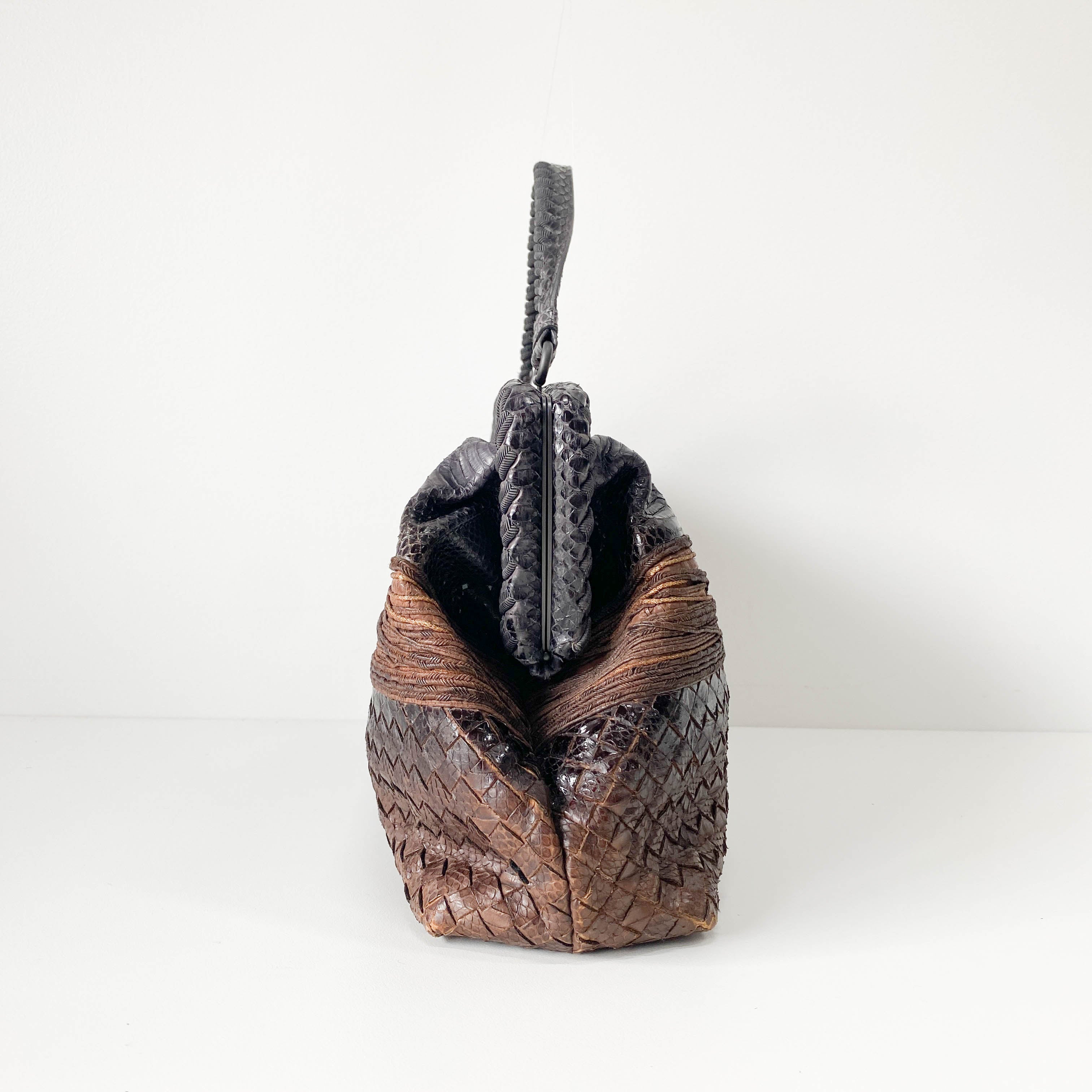 Brown Python Embossed Intrecciato Clasp Bag