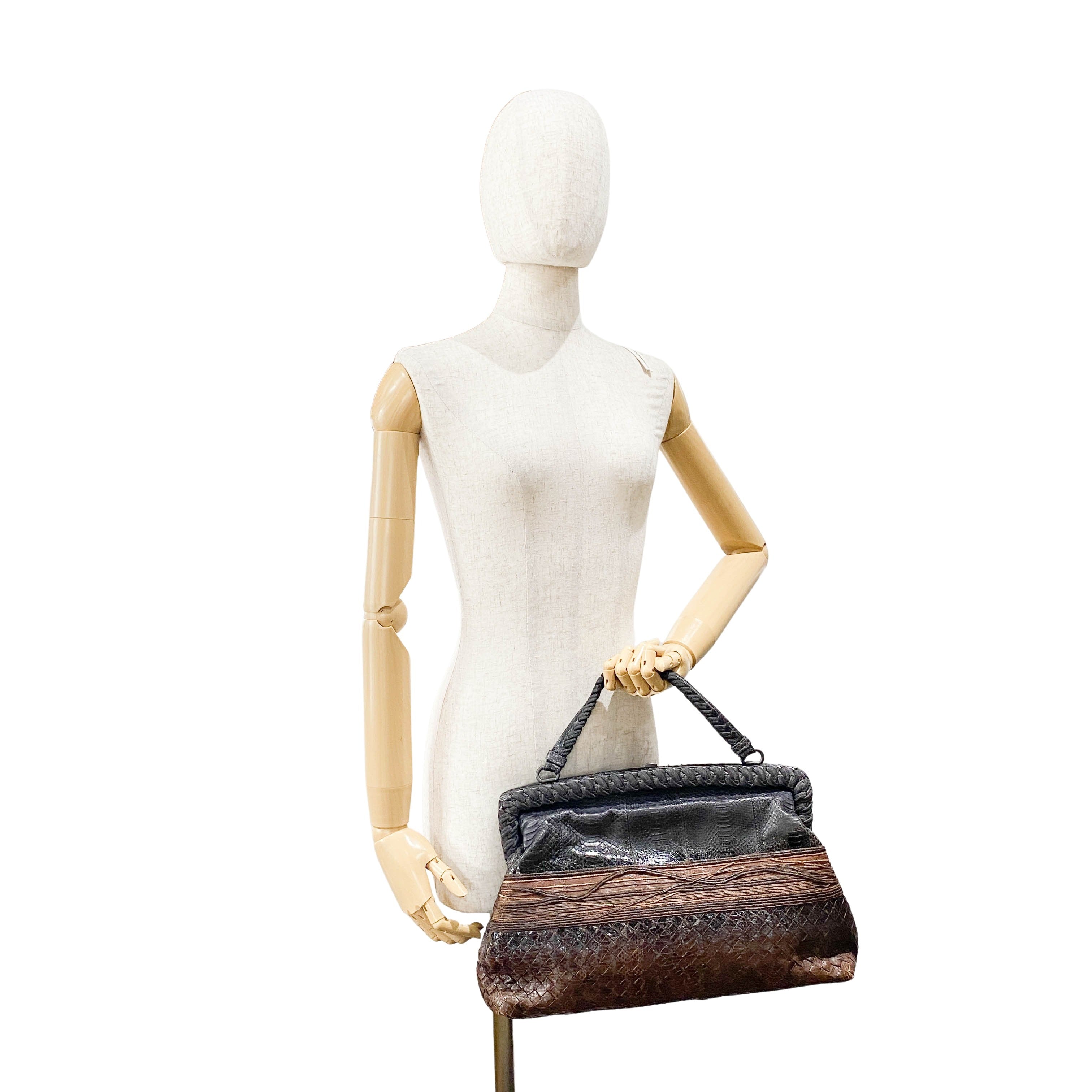 Brown Python Embossed Intrecciato Clasp Bag