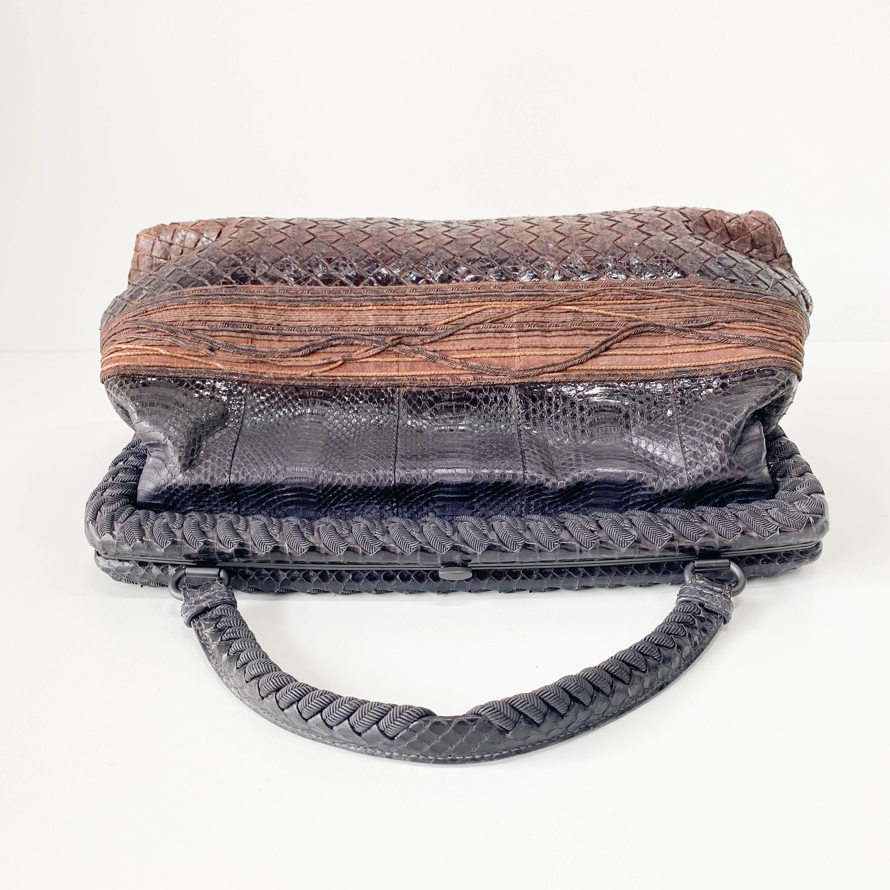 Brown Python Embossed Intrecciato Clasp Bag