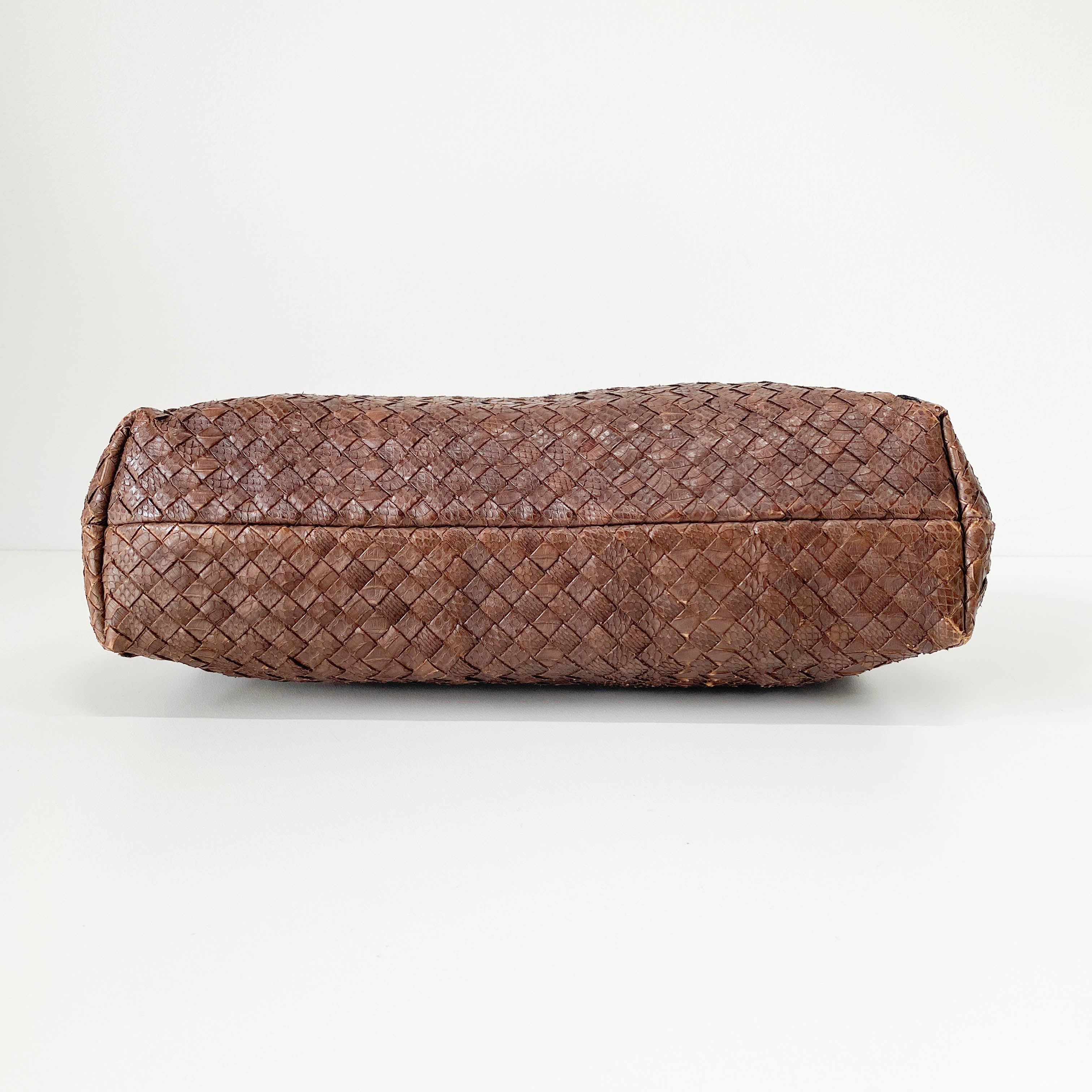 Brown Python Embossed Intrecciato Clasp Bag